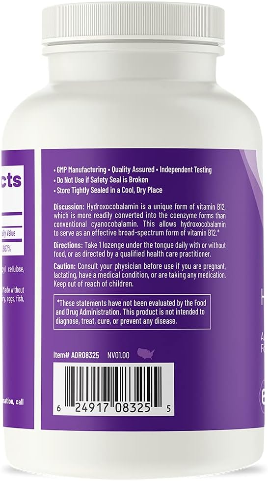 AOR Hydroxy B12 Dietary Supplement - Supports Cardiovascular Health, Nerve Function, and Detoxification - Vegan - 60 Lozenges