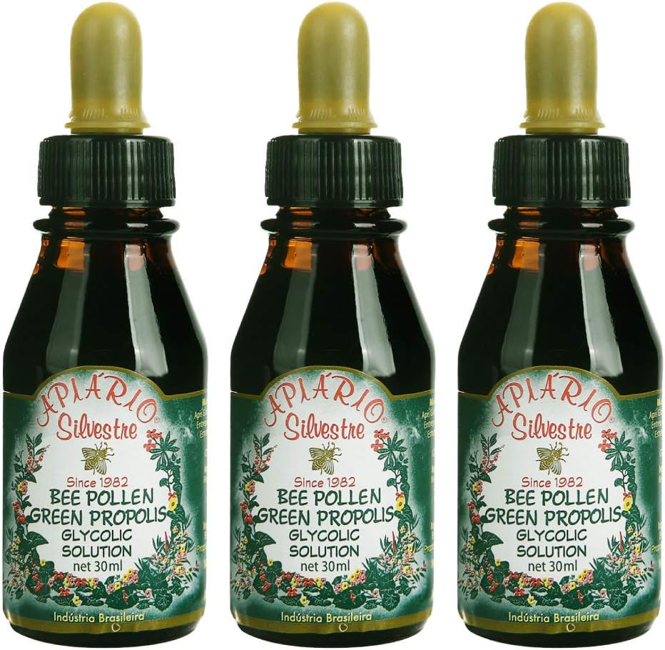 Apiario Silvestre Bee Pollen & Brazil Green Bee Propolis Liquid 3-Pack - Glycolic Extract, Non Alcoholic, Wax & Sugar Free