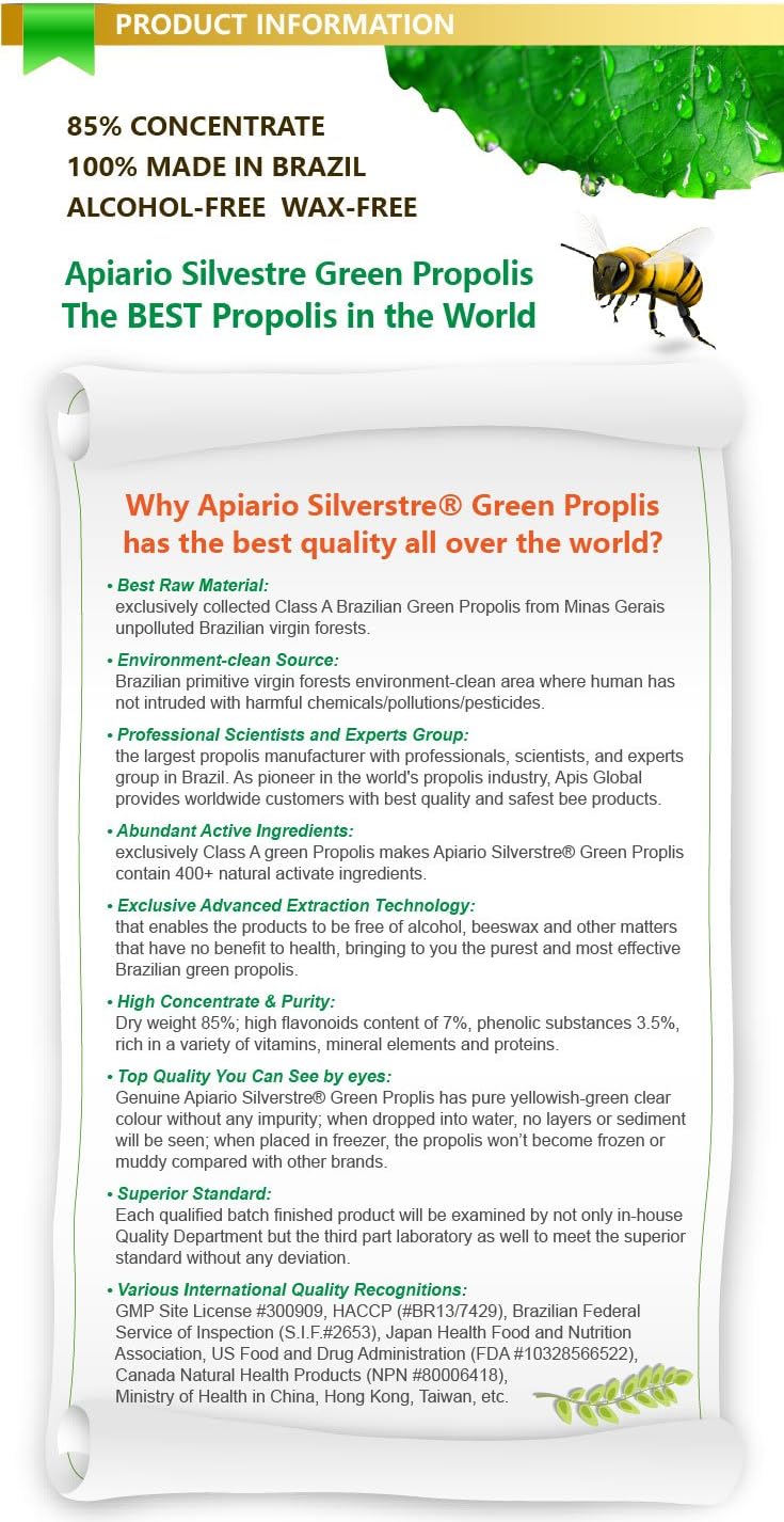 Apiario Silvestre Brazilian Green Bee Propolis Liquid Extract - 5 Bottles - Non Alcoholic, Wax Free, Sugar Free - Official Distributor