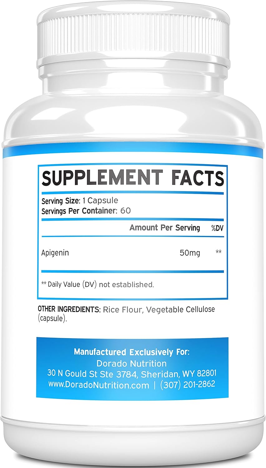 Apigenin Supplement 50mg Capsules - Pure Bioflavonoid from Chamomile - USA Made - Gluten Free, Non-GMO, Vegan - 60 Count