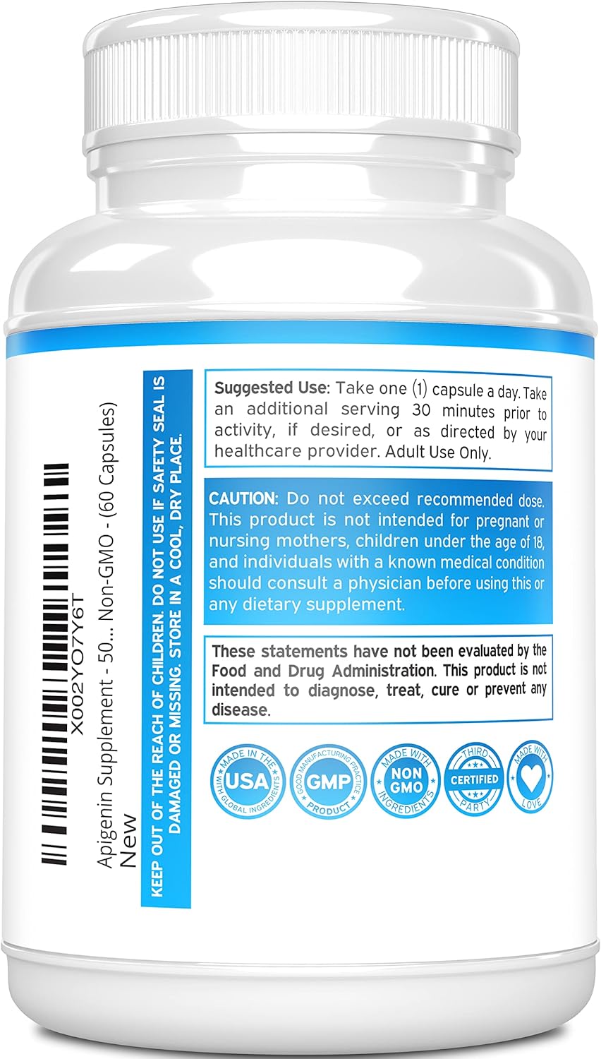 Apigenin Supplement 50mg Capsules - Pure Bioflavonoid from Chamomile - USA Made - Gluten Free, Non-GMO, Vegan - 60 Count