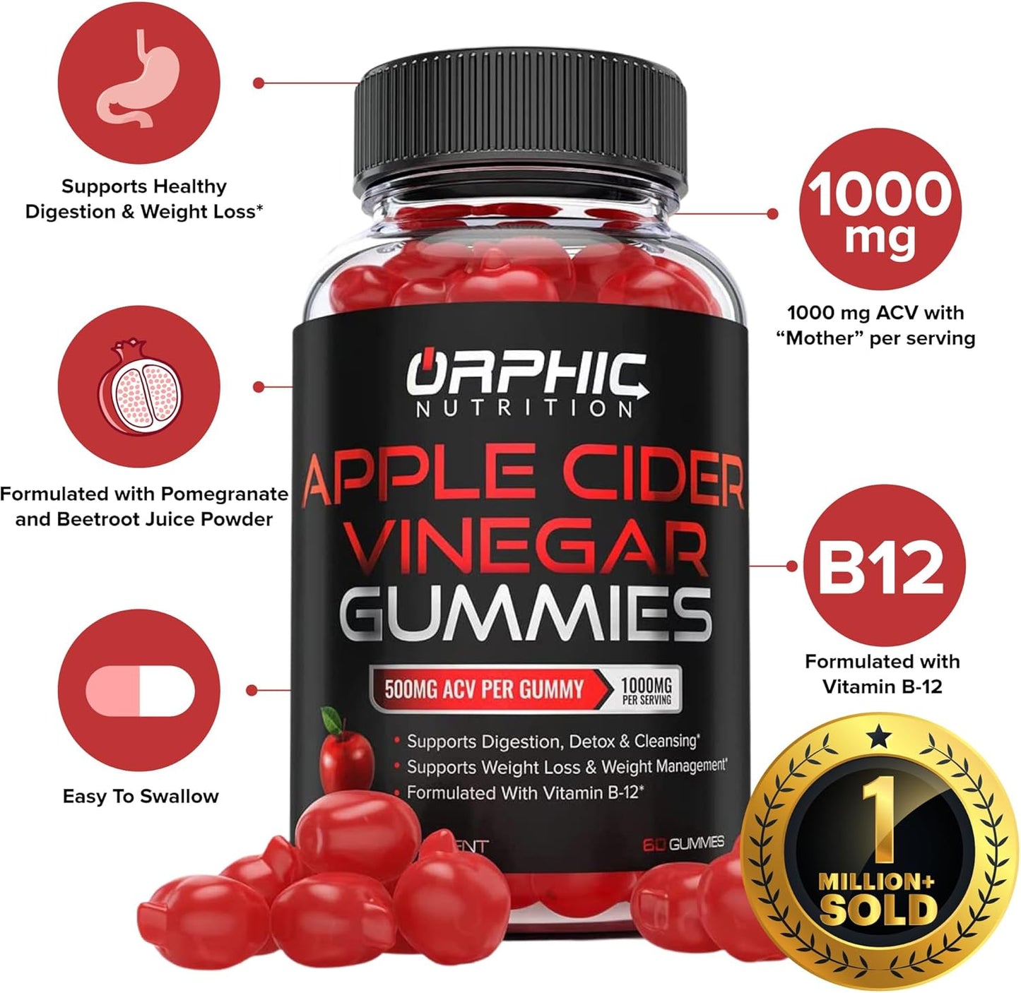 Apple Cider Vinegar Gummies 1000mg for Energy & Gut Health with Vitamin B12 and Beetroot - 120 Gummies