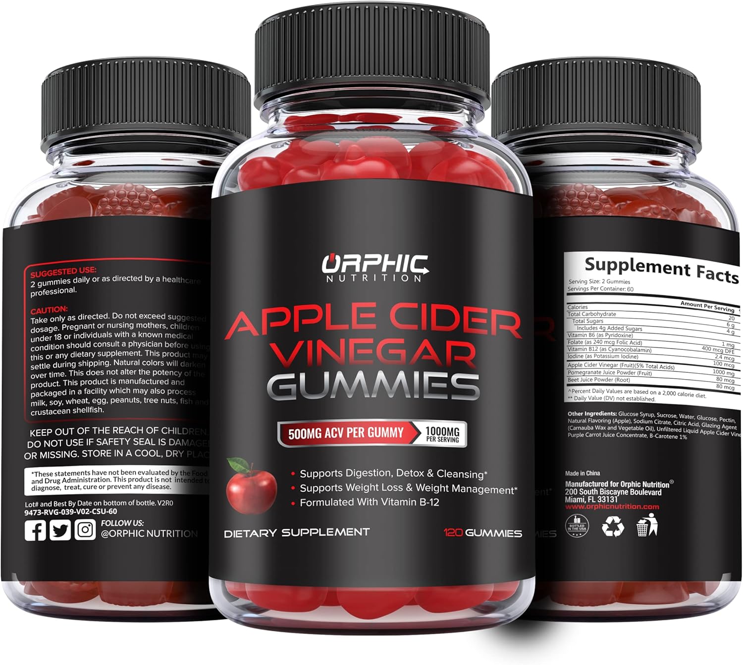 Apple Cider Vinegar Gummies 1000mg for Energy & Gut Health with Vitamin B12 and Beetroot - 120 Gummies