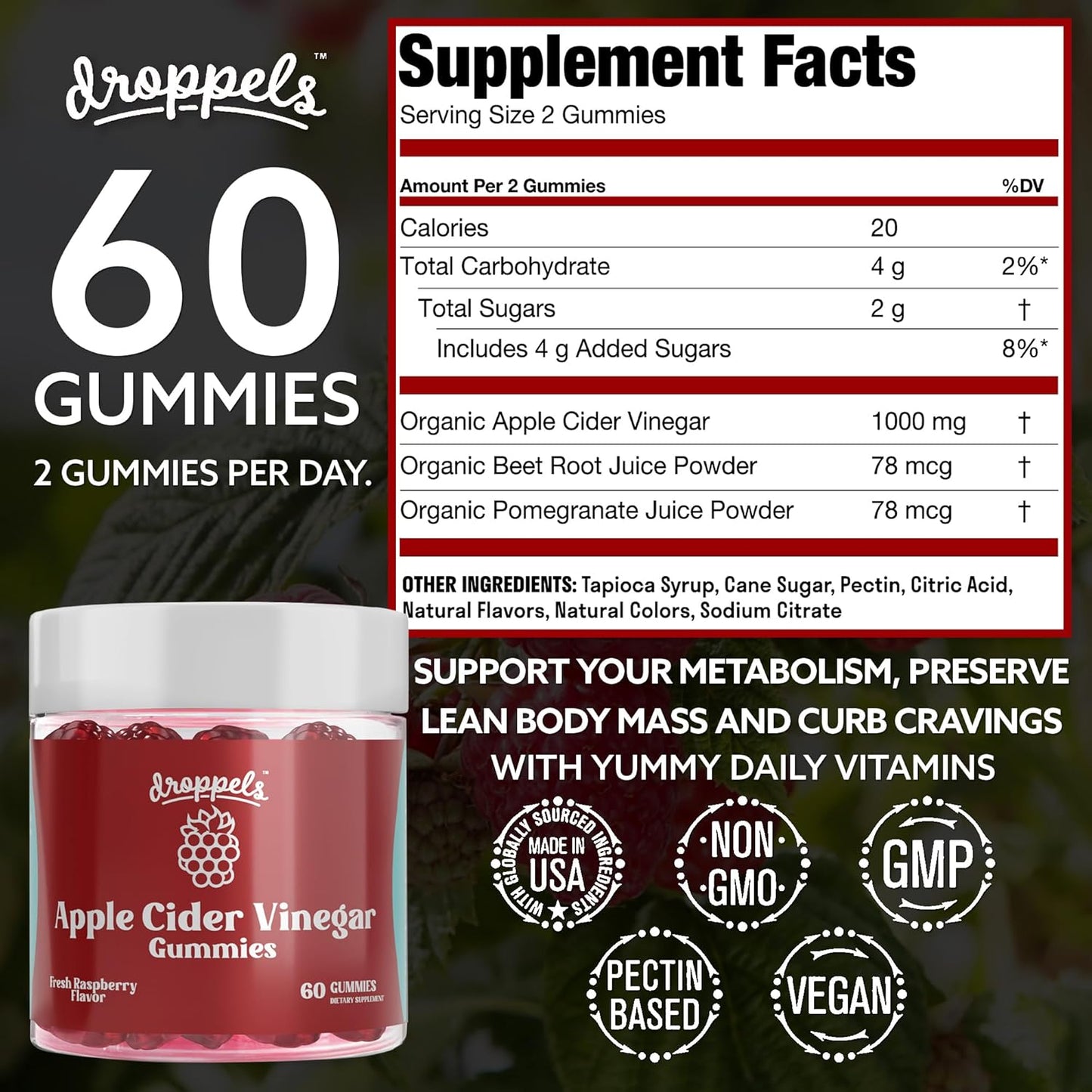 Apple Cider Vinegar Gummies with Beet Root & Pomegranate - 1000mg | Non-GMO, Vegan, Gluten-Free - Supports Digestion, Metabolism, Energy & Immune Health - Raspberry Flavor