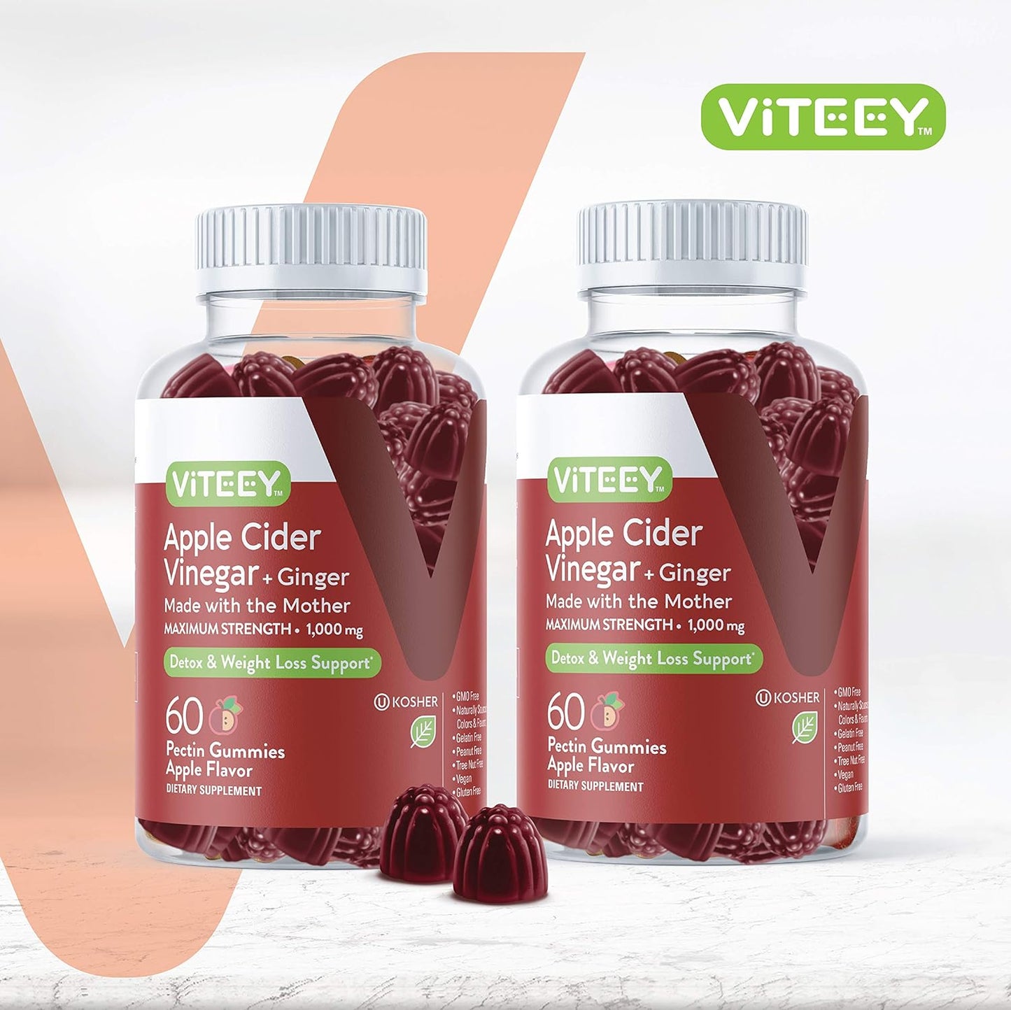 Apple Cider Vinegar Gummies with Ginger 1,000mg - Detox Cleanse for Weight Loss and Immune Support - Vegan, Gluten Free, Gelatin Free - Chewable Apple Flavored Gummy - BoostGo Australia