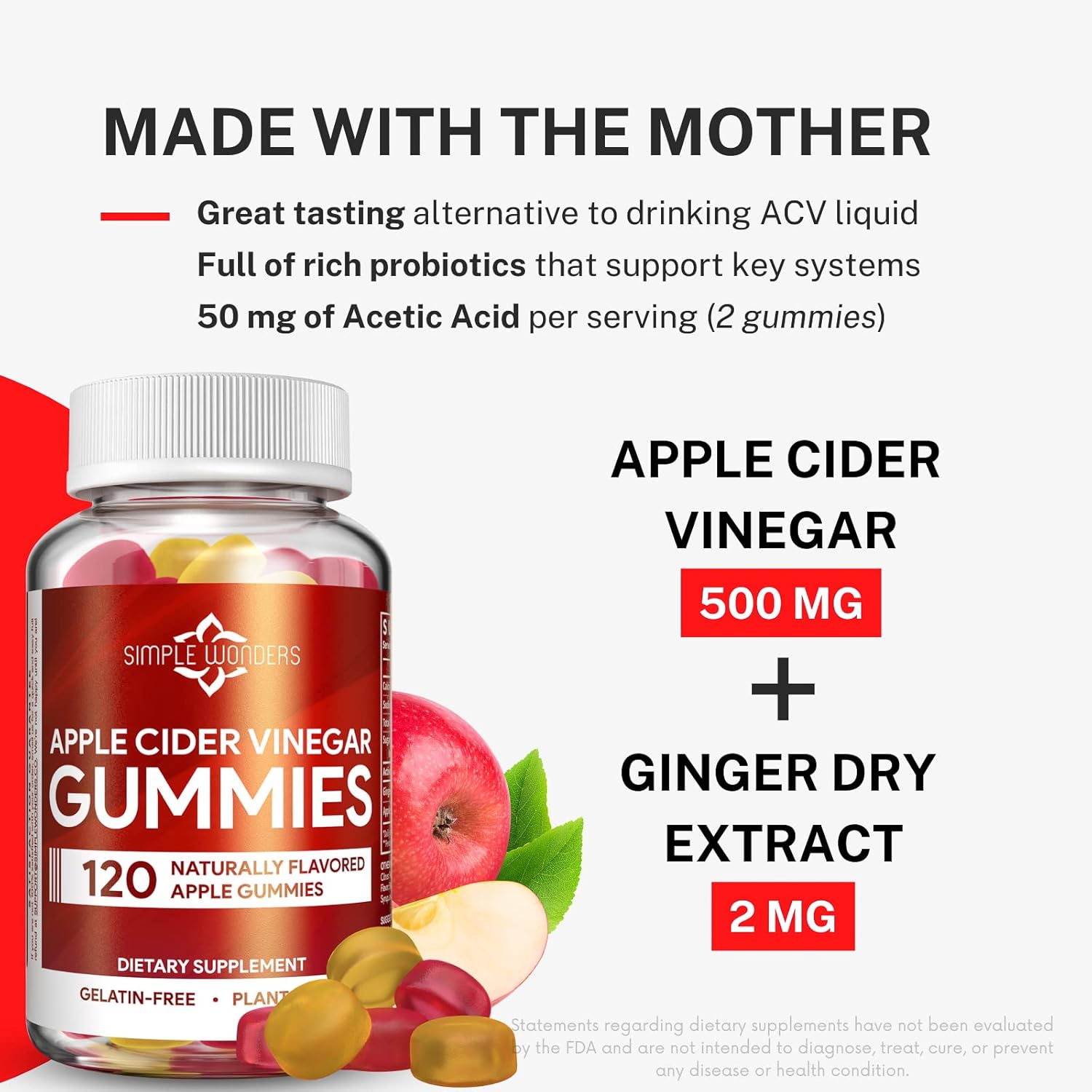 Apple Cider Vinegar Gummies with The Mother - Detox & Immune Support - Black Carrot & Ginger - Non-GMO, Gluten-Free - 120 Gummies - BoostGo Australia