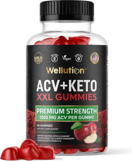 Apple Cider Vinegar Gummies with Vitamin B12, Folate & Antioxidants - 1000mg ACV for Energy, Digestion, Weight Management - 60 Vegan Gummies