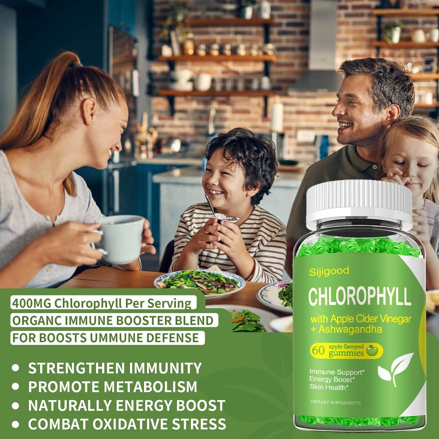 Apple Flavored Chlorophyll Gummy Supplement with Black Seed Oil, Moringa, and Probiotic for Immunity, Digestion, and Body Odor - 60 Gummies for Adults, Kids, Women, and Men - BoostGo Australia
