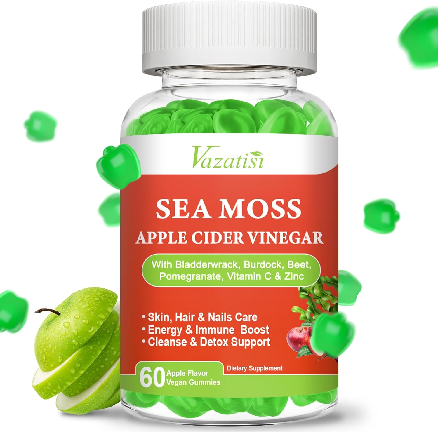 Apple Flavored Vazatisi Vegan Sea Moss Gummies with ACV, Pomegranate, Beet Root, Bladderwrack, Burdock, Vitamin C, and Zinc for Digestion, Mood, Energy, and Immune Support