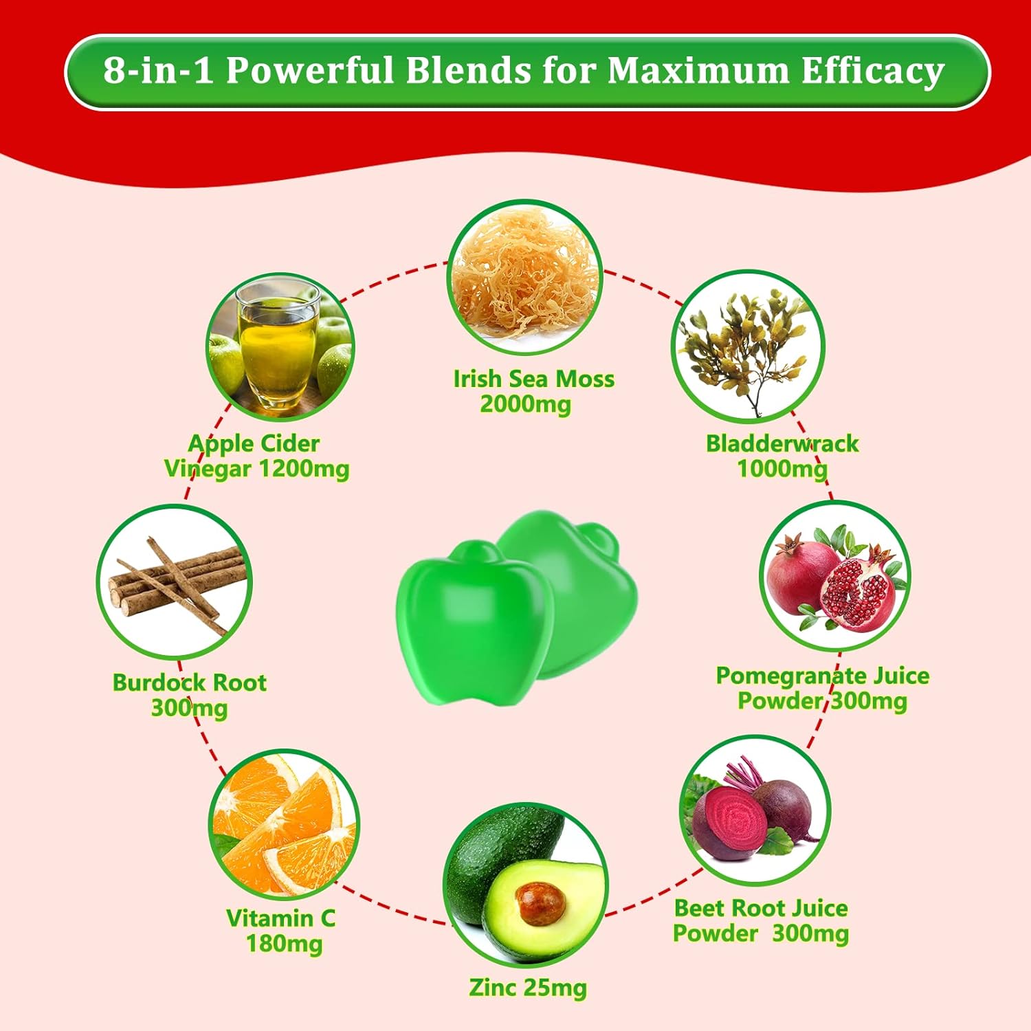 Apple Flavored Vazatisi Vegan Sea Moss Gummies with ACV, Pomegranate, Beet Root, Bladderwrack, Burdock, Vitamin C, and Zinc for Digestion, Mood, Energy, and Immune Support