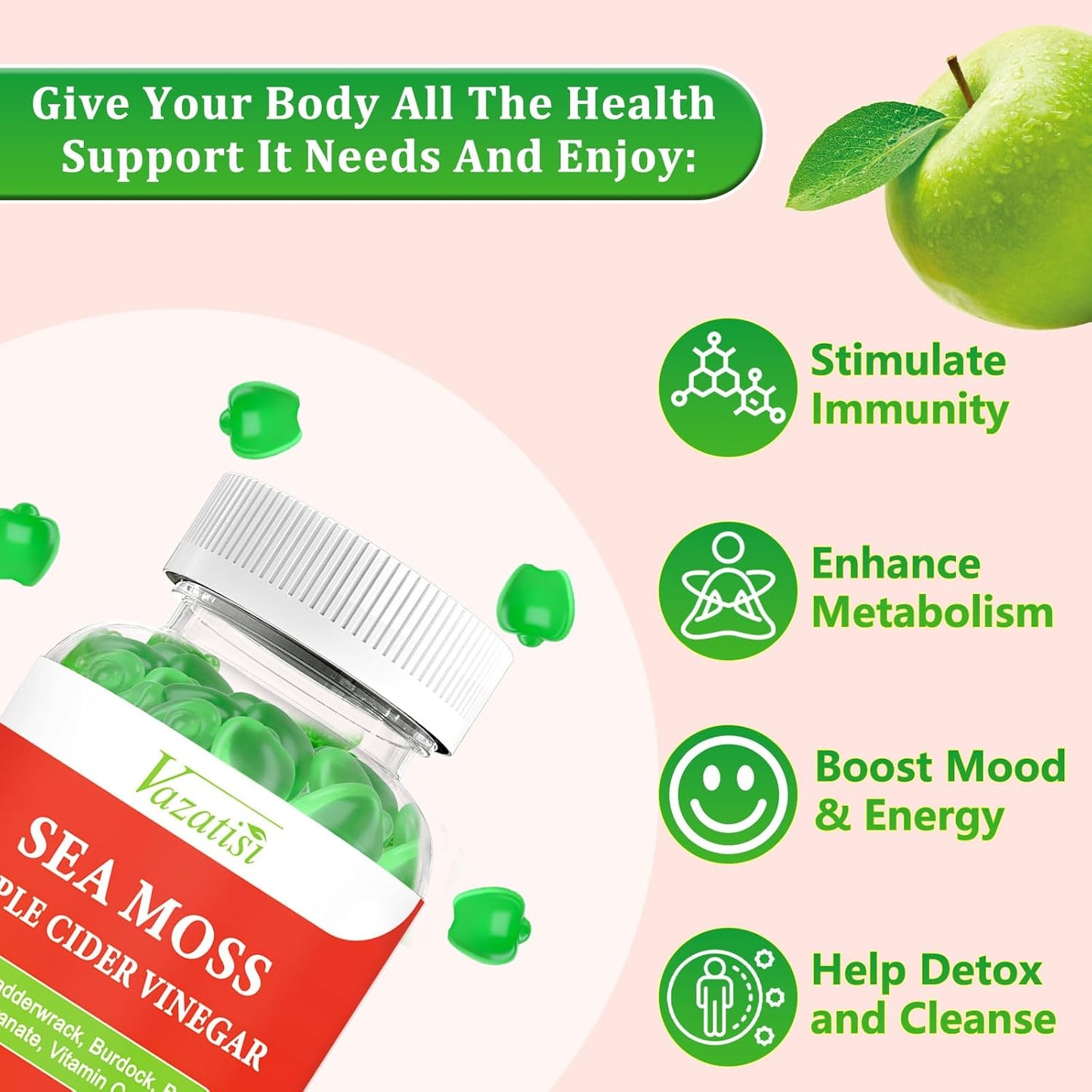 Apple Flavored Vazatisi Vegan Sea Moss Gummies with ACV, Pomegranate, Beet Root, Bladderwrack, Burdock, Vitamin C, and Zinc for Digestion, Mood, Energy, and Immune Support