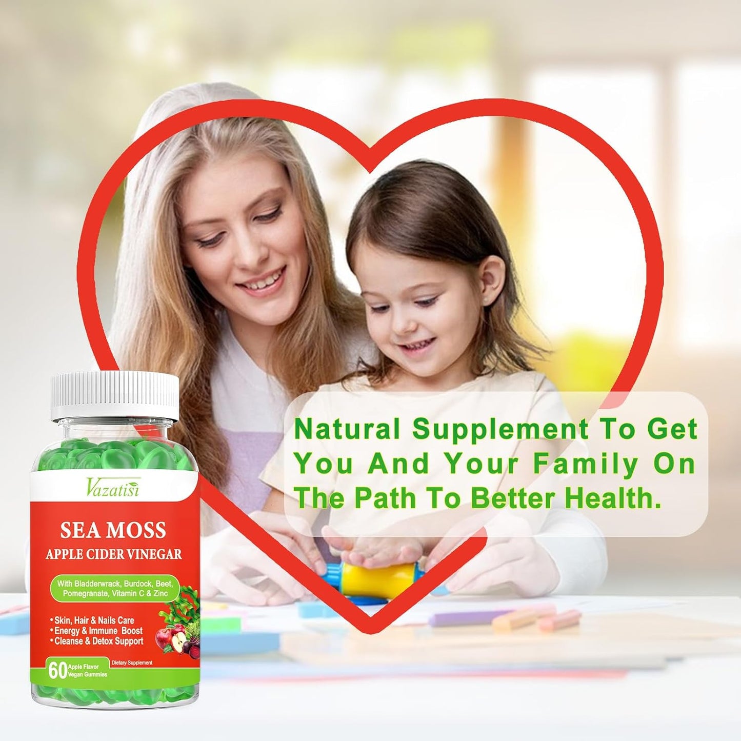 Apple Flavored Vazatisi Vegan Sea Moss Gummies with ACV, Pomegranate, Beet Root, Bladderwrack, Burdock, Vitamin C, and Zinc for Digestion, Mood, Energy, and Immune Support