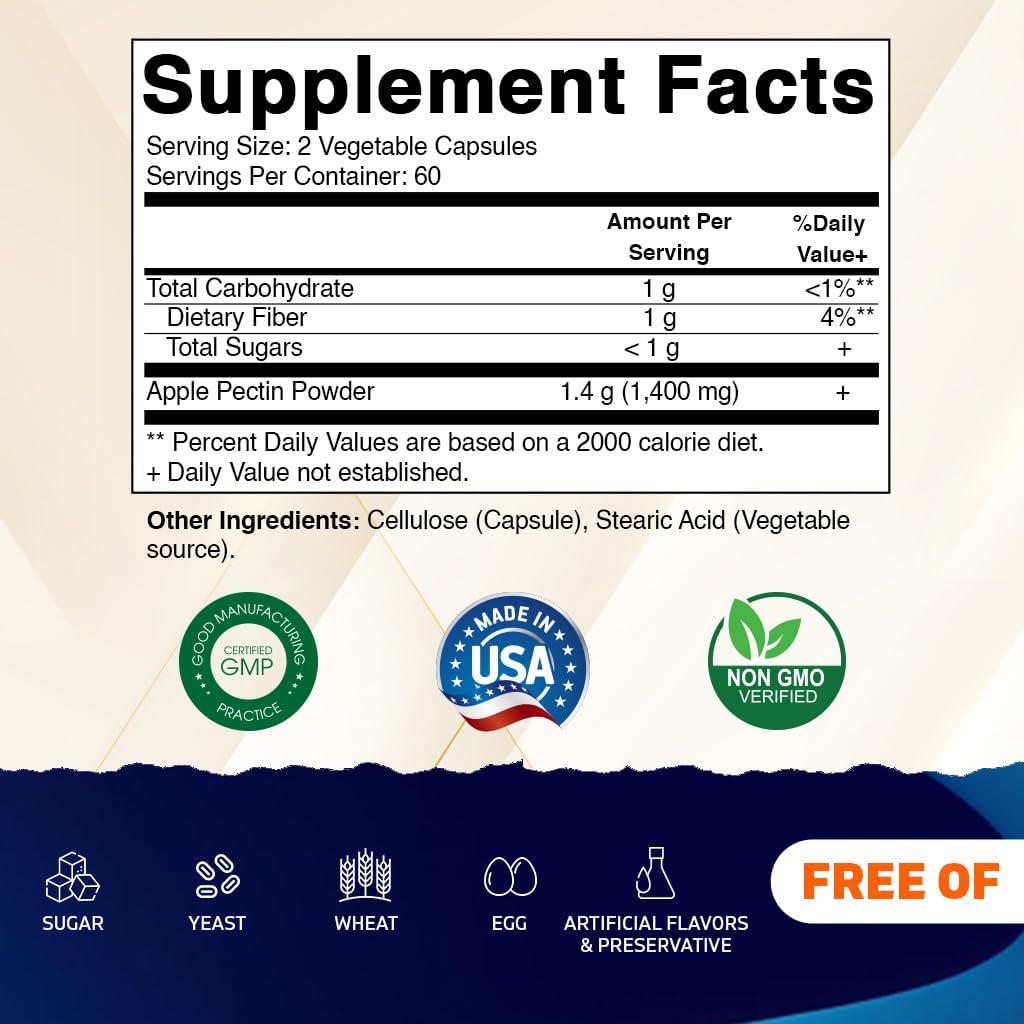 Apple Pectin 700 mg Capsules - Vegetarian Dietary Fiber Supplement for Healthy Intestinal Health - 120 Count