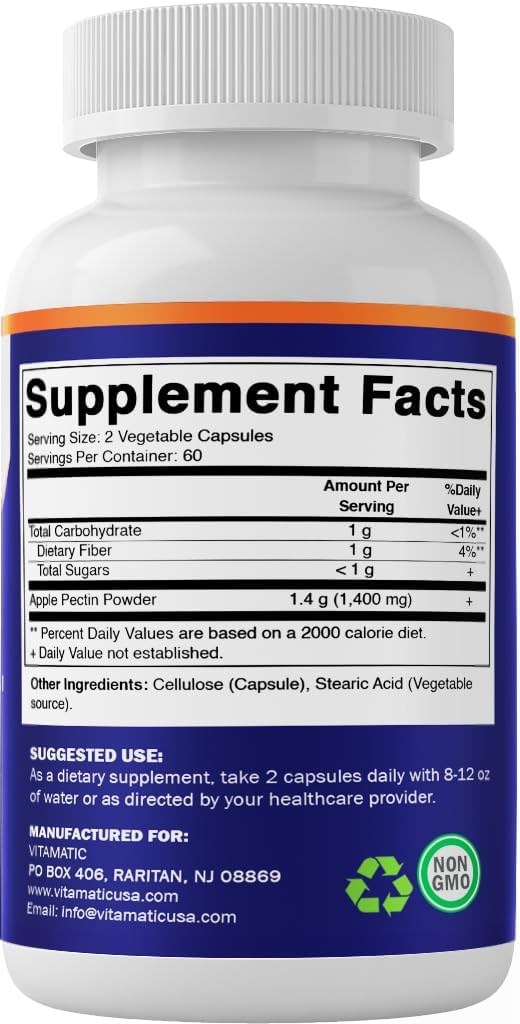 Apple Pectin 700 mg Capsules - Vegetarian Dietary Fiber Supplement for Healthy Intestinal Health - 120 Count
