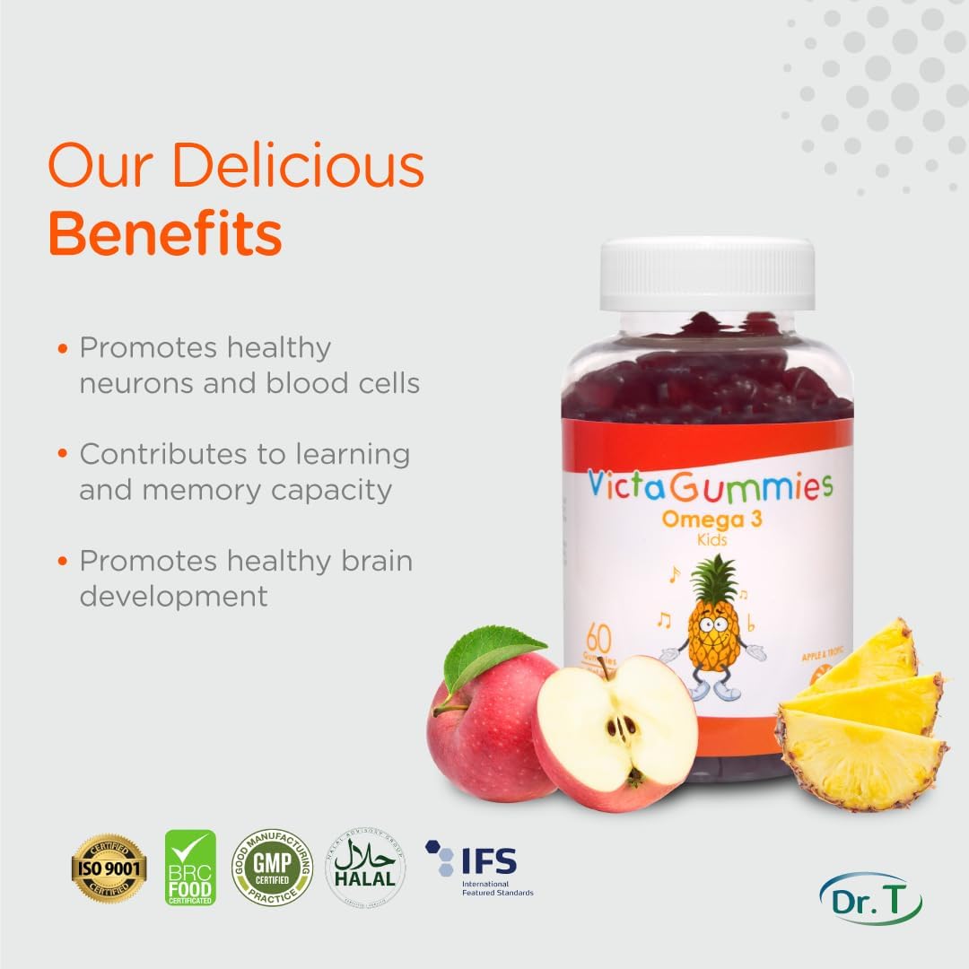Apple & Tropical Flavored Dr. T Kids Omega 3 Gummies (120g) - Promotes Healthy Cognitive Function and Nervous System in Children