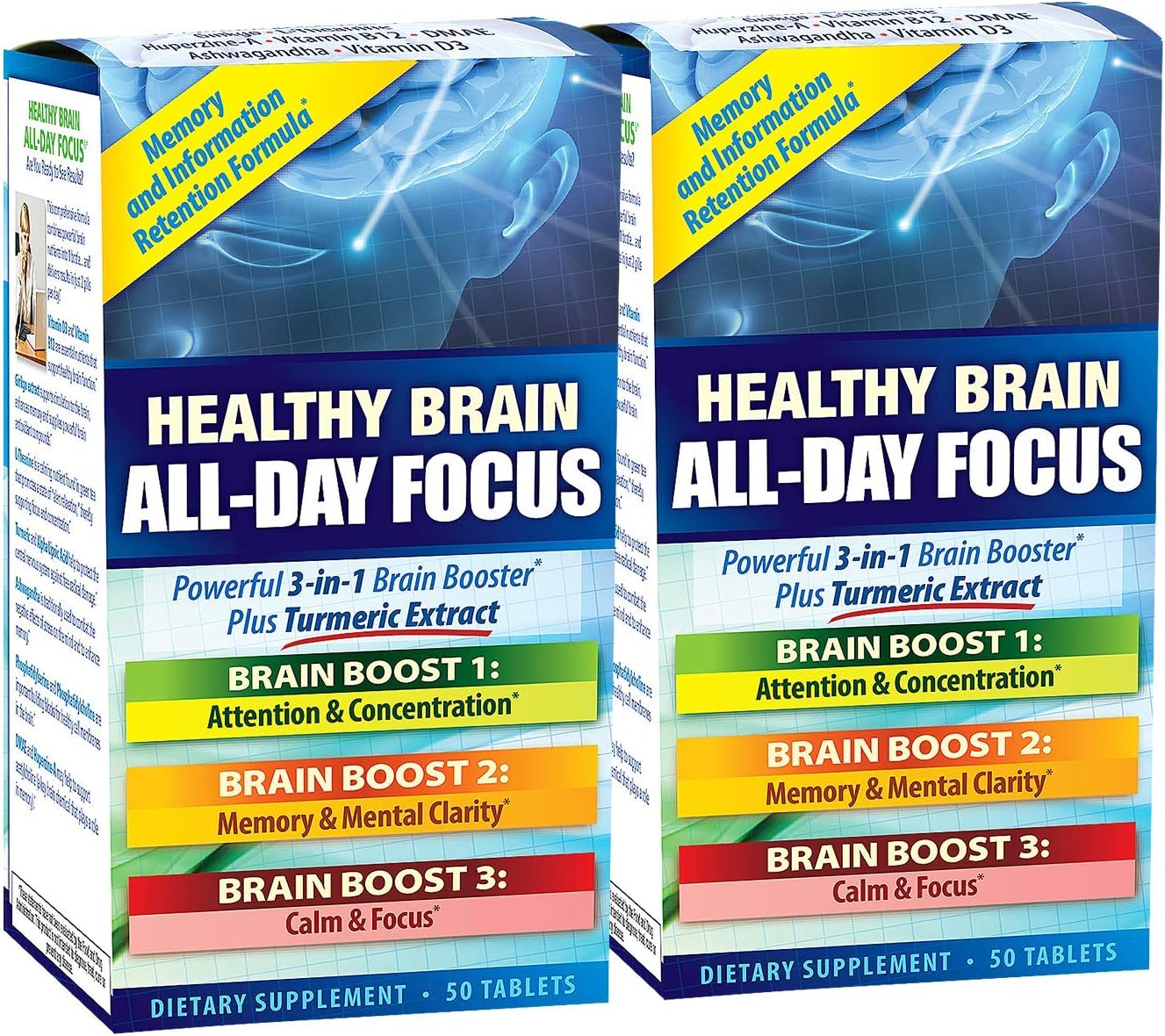 Applied Nutrition Healthy Brain All-Day Focus - 100 Tablets, 3-in-1 Brain Booster with Turmeric Extract