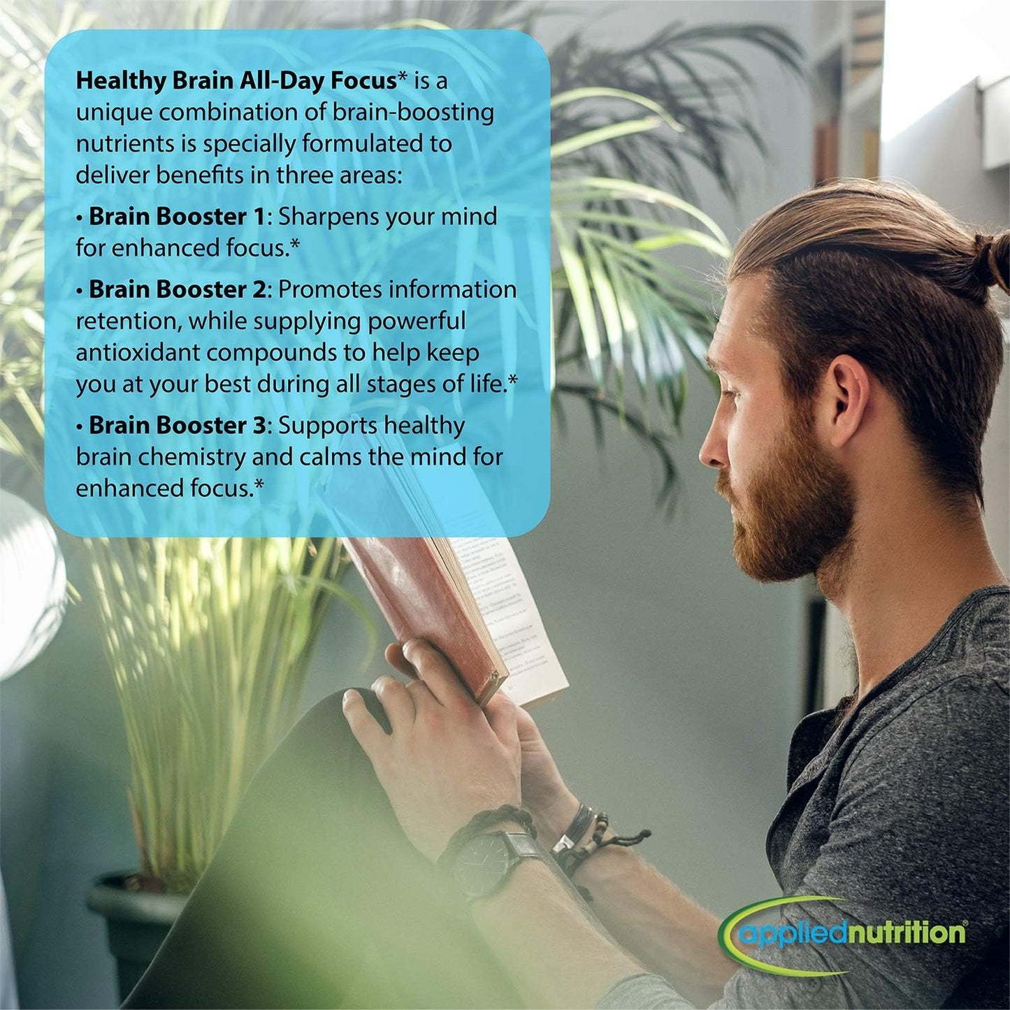 Applied Nutrition Healthy Brain All-Day Focus - 100 Tablets, 3-in-1 Brain Booster with Turmeric Extract