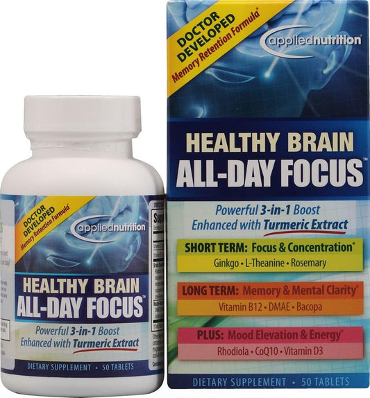 Applied Nutrition Healthy Brain All-Day Focus - 50 Tablets - 3-in-1 Brain Booster with Turmeric Extract - 25 Servings