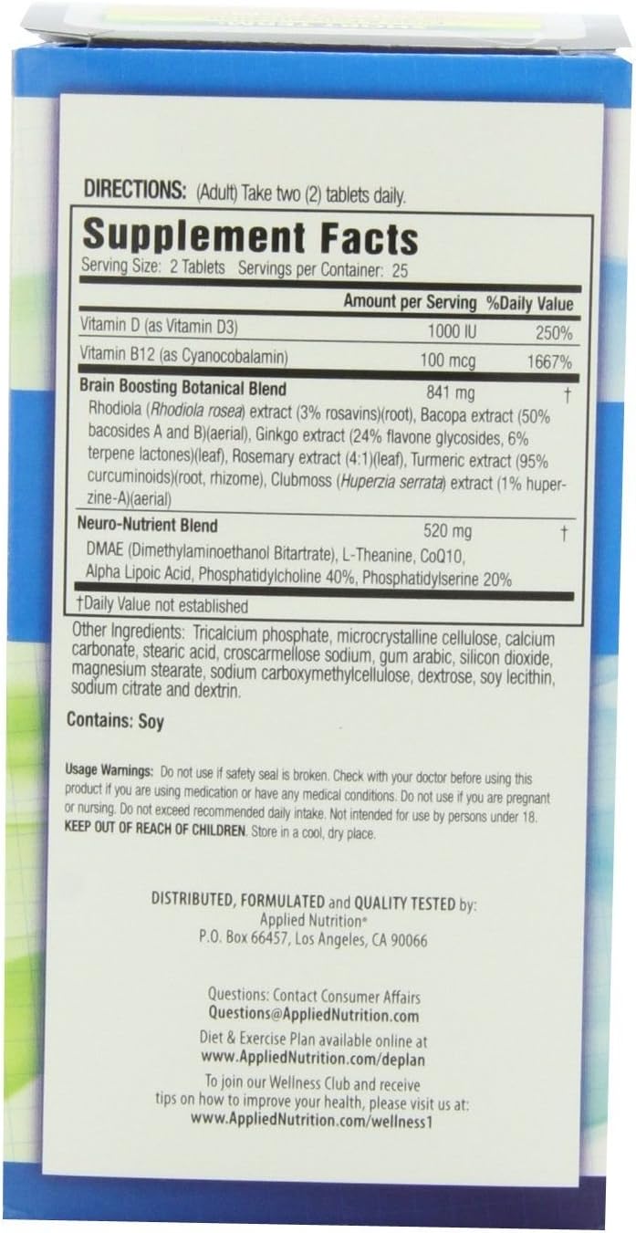 Applied Nutrition Healthy Brain All-Day Focus - 50 Tablets - 3-in-1 Brain Booster with Turmeric Extract - 25 Servings