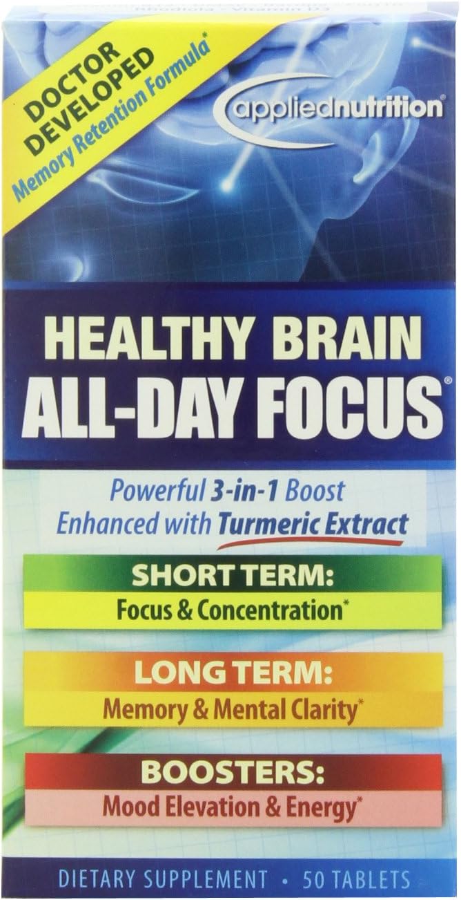 Applied Nutrition Healthy Brain All-Day Focus Tablets - 50 Count - 3-in-1 Brain Booster with Turmeric Extract - 25 Servings