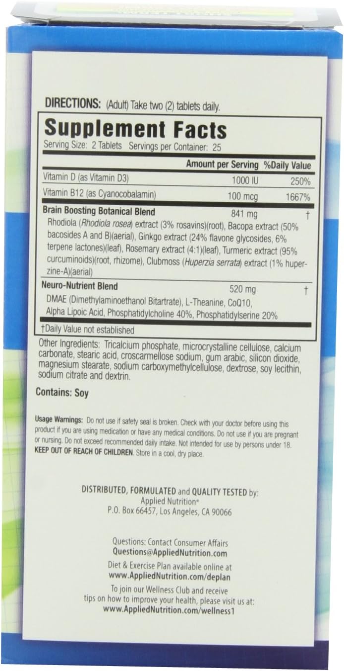 Applied Nutrition Healthy Brain All-Day Focus Tablets - 50 Count - 3-in-1 Brain Booster with Turmeric Extract - 25 Servings