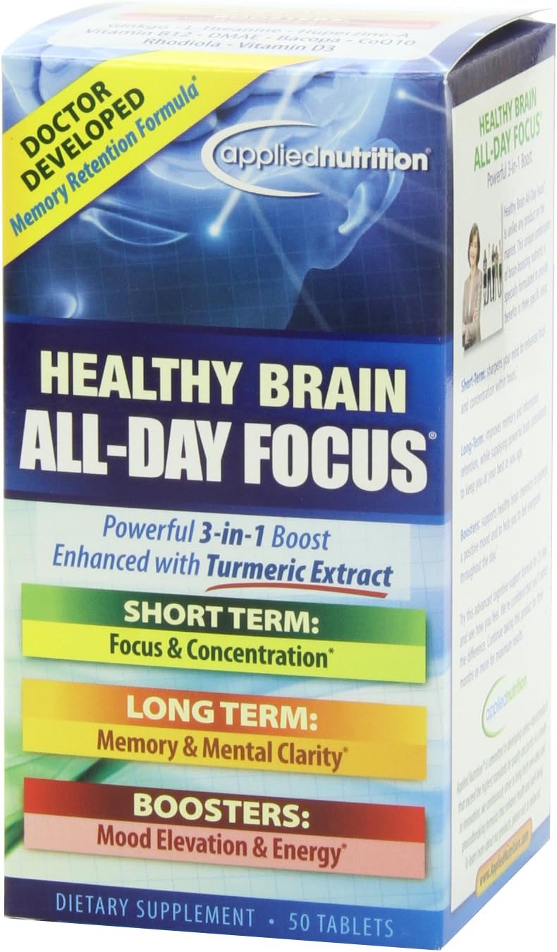 Applied Nutrition Healthy Brain All-Day Focus Tablets - 50 Count - 3-in-1 Brain Booster with Turmeric Extract - 25 Servings