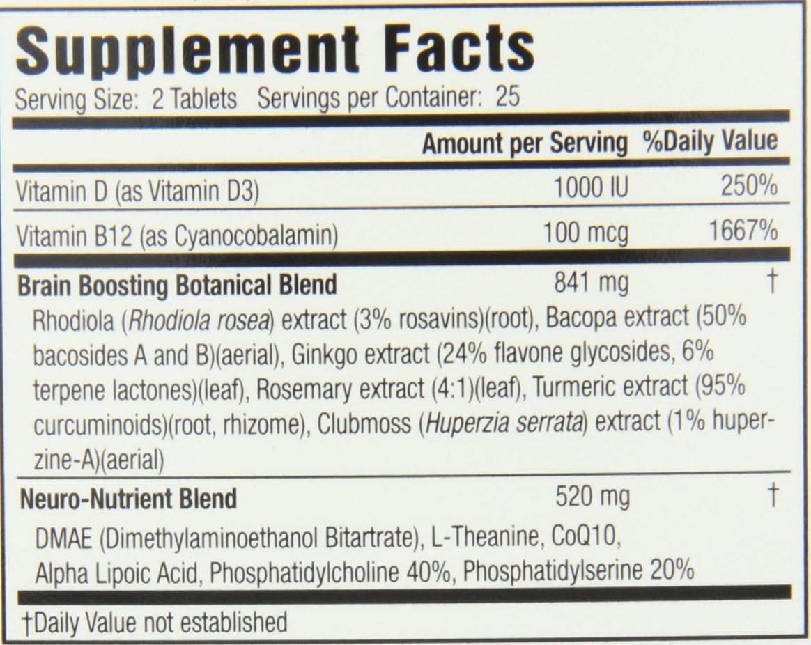 Applied Nutrition Healthy Brain All-Day Focus Tablets - 50 Count - 3-in-1 Brain Booster with Turmeric Extract - 25 Servings