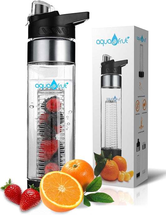 AquaFrut Bottom Loading Fruit Infuser Water Bottle - 24 OZ - BPA Free Tritan Plastic - Leak Proof - Infusion Recipe eBook - Black