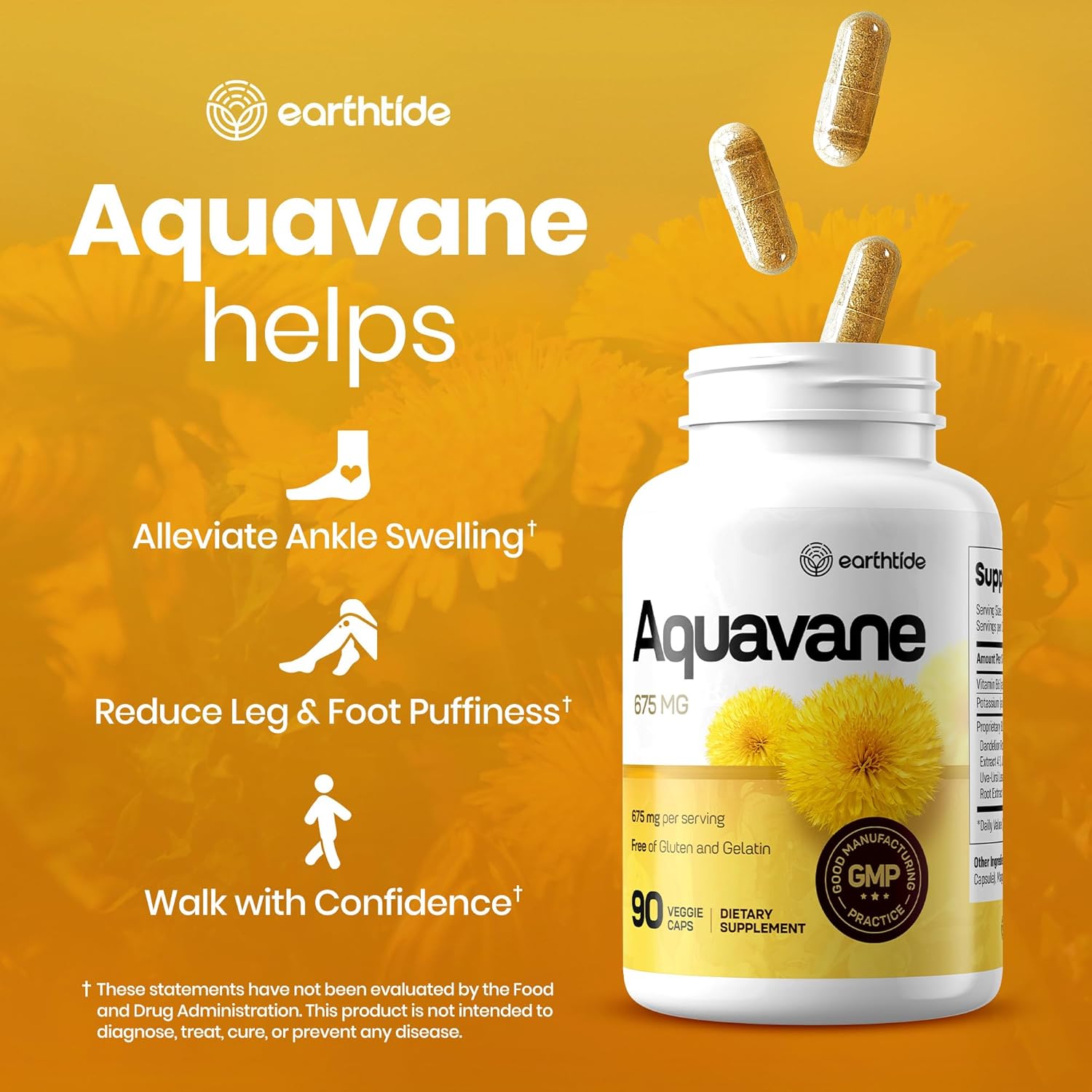 Aquavane Natural Diuretic Water Pills for Swollen Feet & Legs - Herbal Relief for Water Retention, Reduce Swelling & Bloating