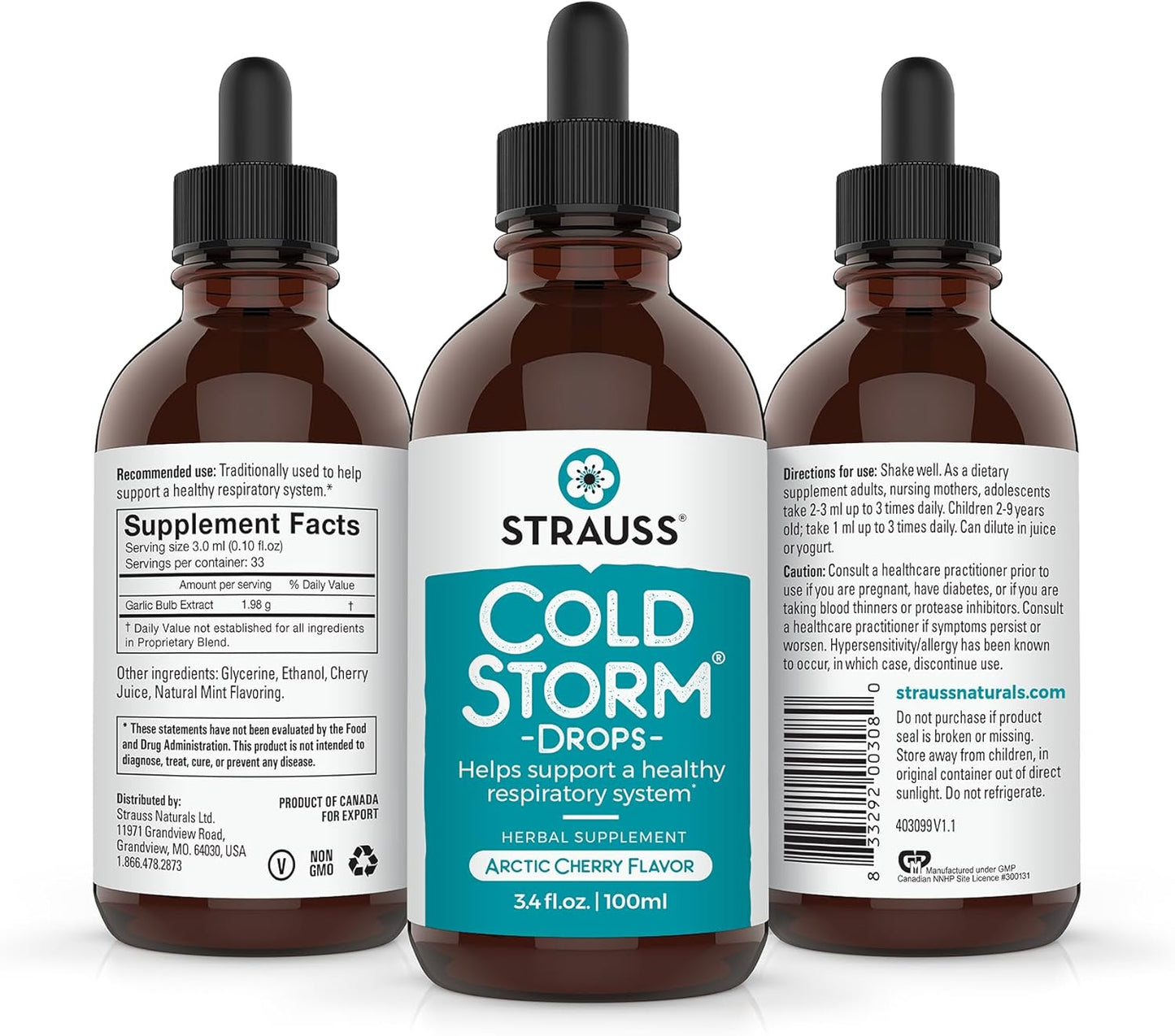 Arctic Cherry Immune & Respiratory Support Drops by Strauss Naturals - Natural Formula, Gluten/Soy-Free, Non-GMO - 3.4 fl oz