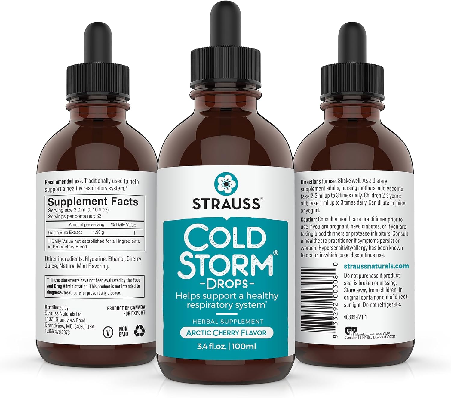 Arctic Cherry Immune & Respiratory Support Drops by Strauss Naturals - Natural Formula, Gluten/Soy-Free, Non-GMO - 3.4 fl oz