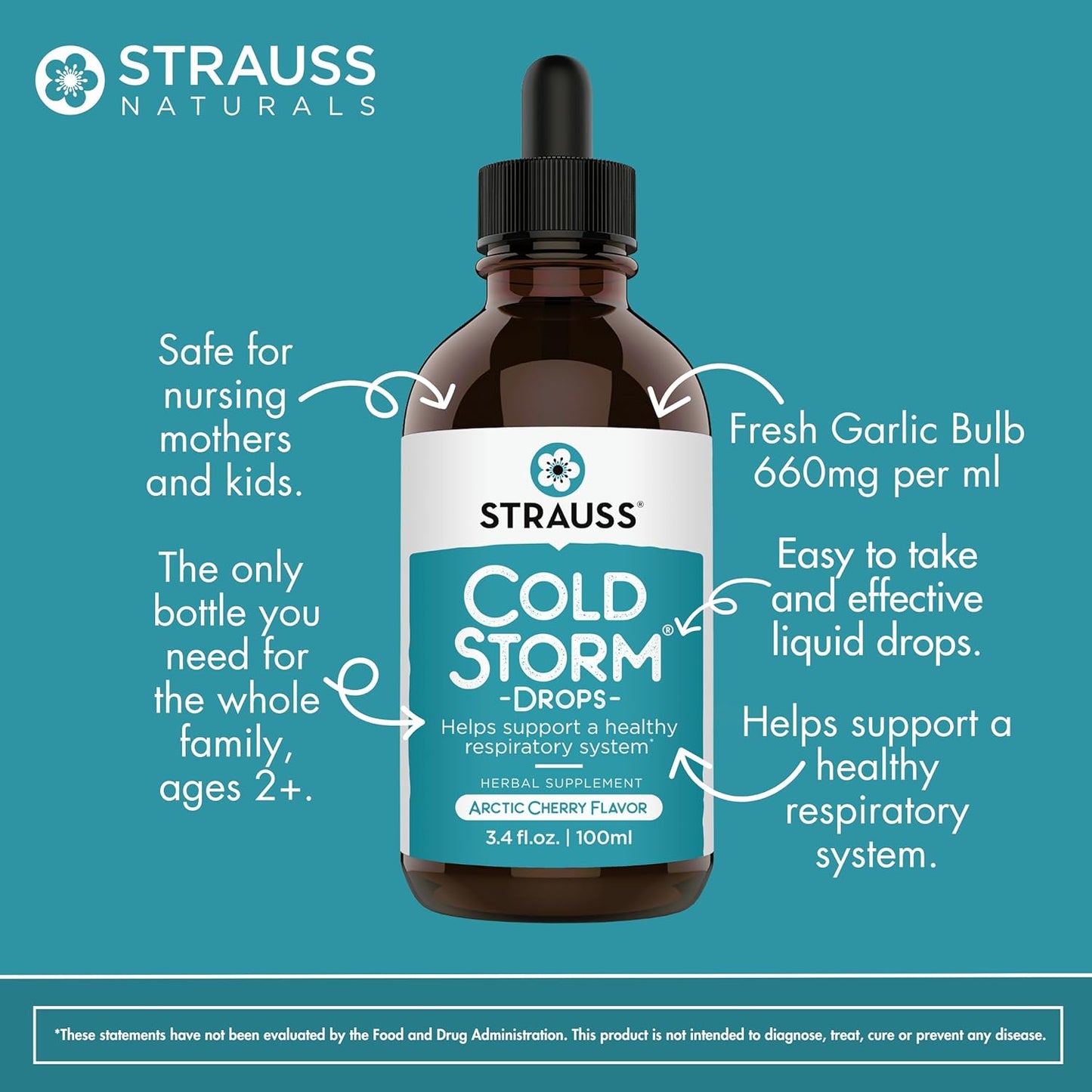 Arctic Cherry Immune & Respiratory Support Drops by Strauss Naturals - Natural Formula, Gluten/Soy-Free, Non-GMO - 3.4 fl oz