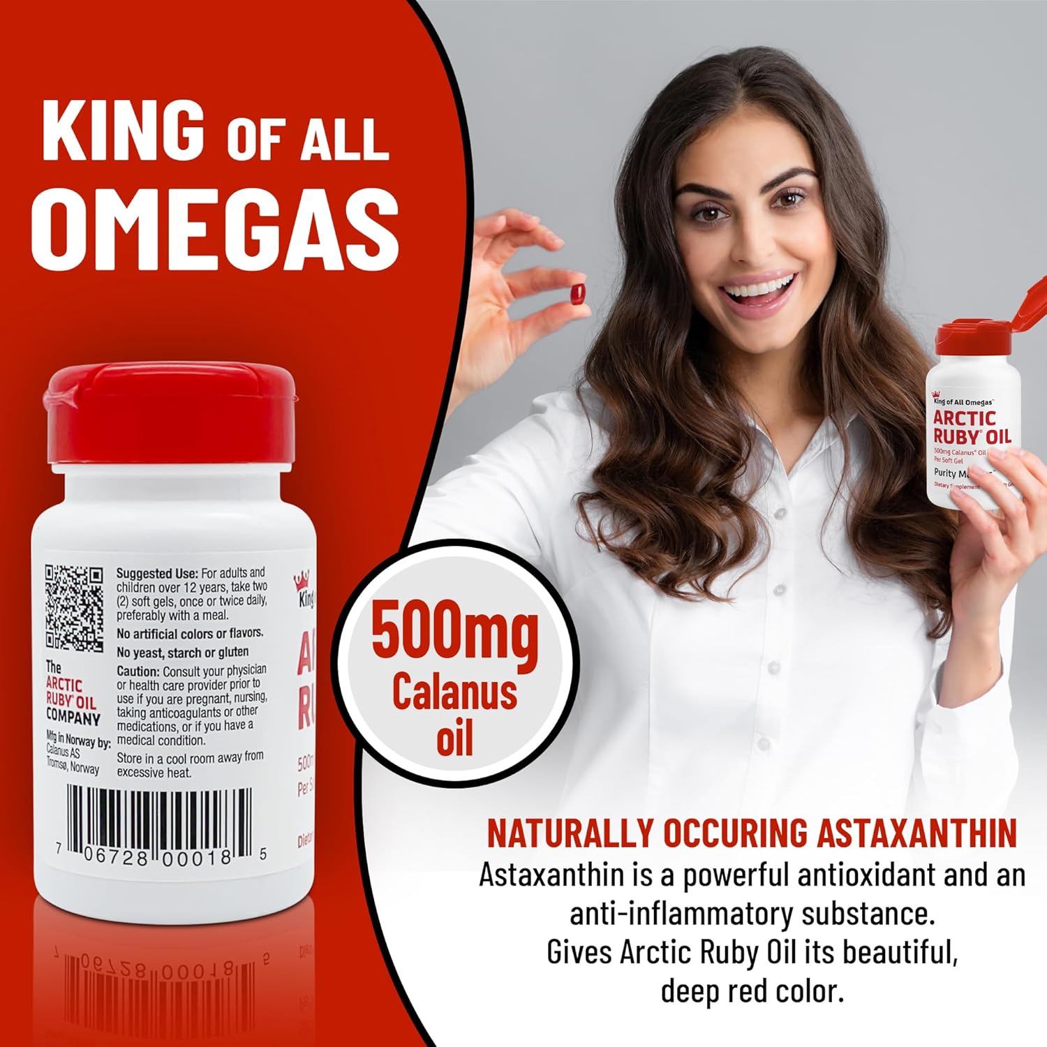 Arctic Ruby Oil with Astaxanthin - Omega 3 Supplement for Heart, Brain, Eye & Joint Health - Antioxidant Rich Formula - 180 Softgels