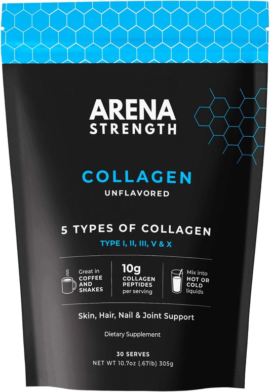 Arena Strength Collagen Peptides - 5 Types of Collagen to Support Joints, Skin, Hair, & Nails - Unflavoured, Non GMO, Grass Fed, Paleo-Friendly