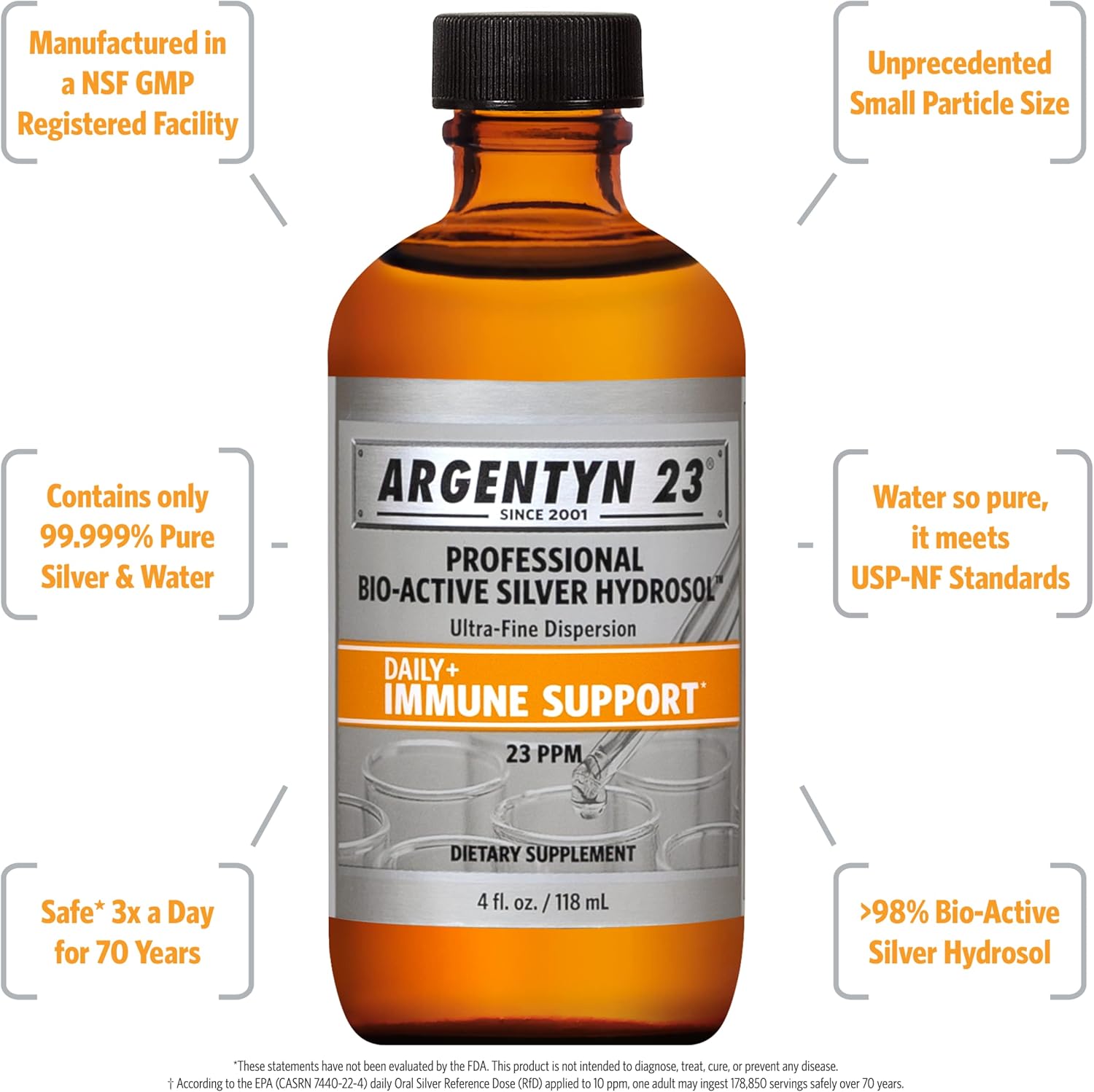 Argentyn 23 Bio-Active Silver Hydrosol 23ppm 4oz Twist-Top Bottle for Immune Support