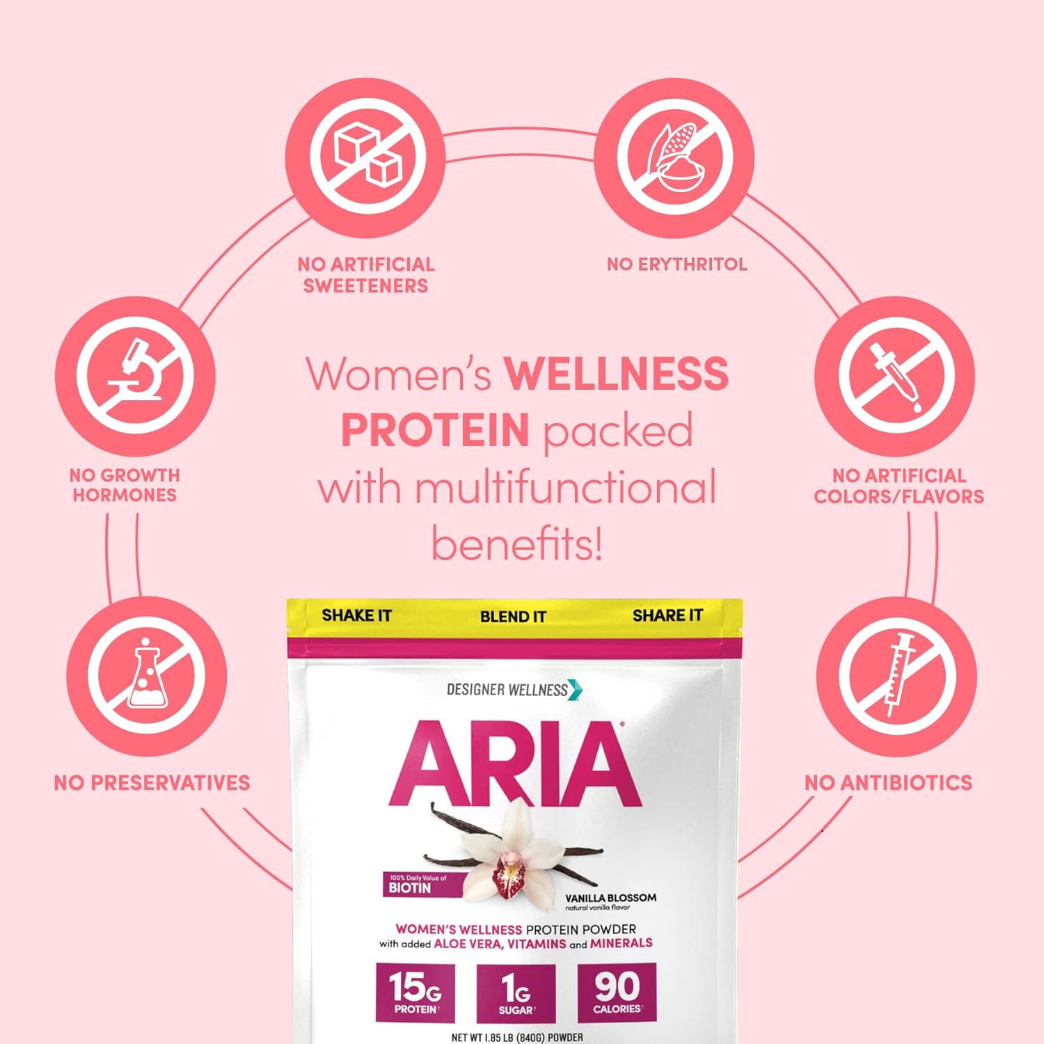 Aria Designer Wellness Women's Low Calorie Vanilla Protein Powder with Biotin & Vitamin C - 1.85 lb