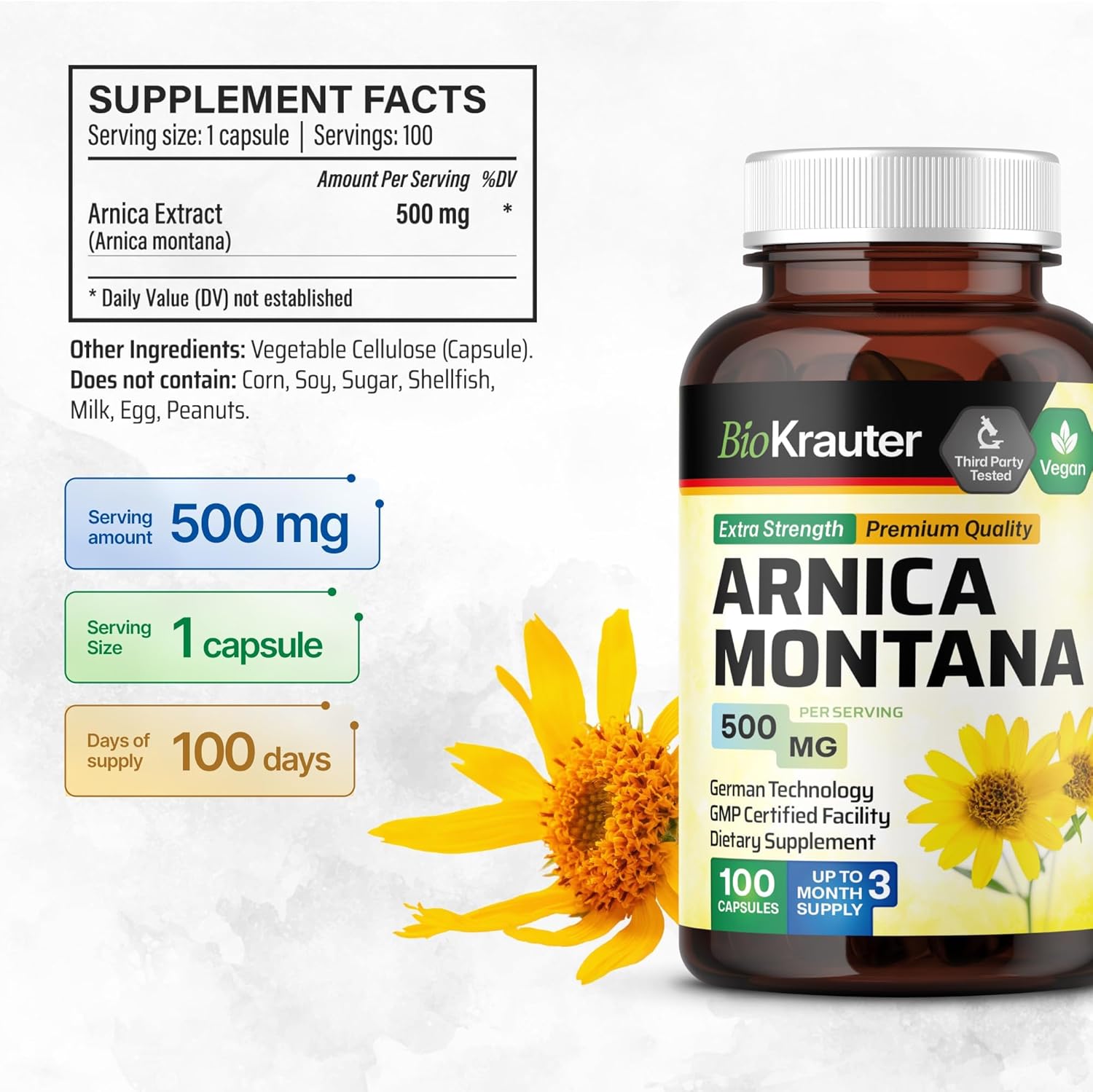 Arnica Montana Capsules - 500mg Vegan Capsules for Bruising and Swelling - 100 Count