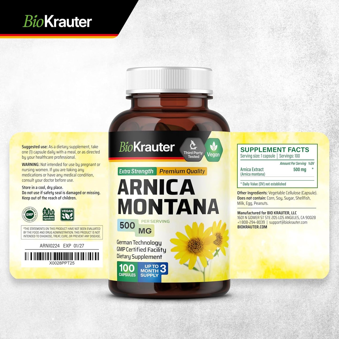 Arnica Montana Capsules - 500mg Vegan Capsules for Bruising and Swelling - 100 Count