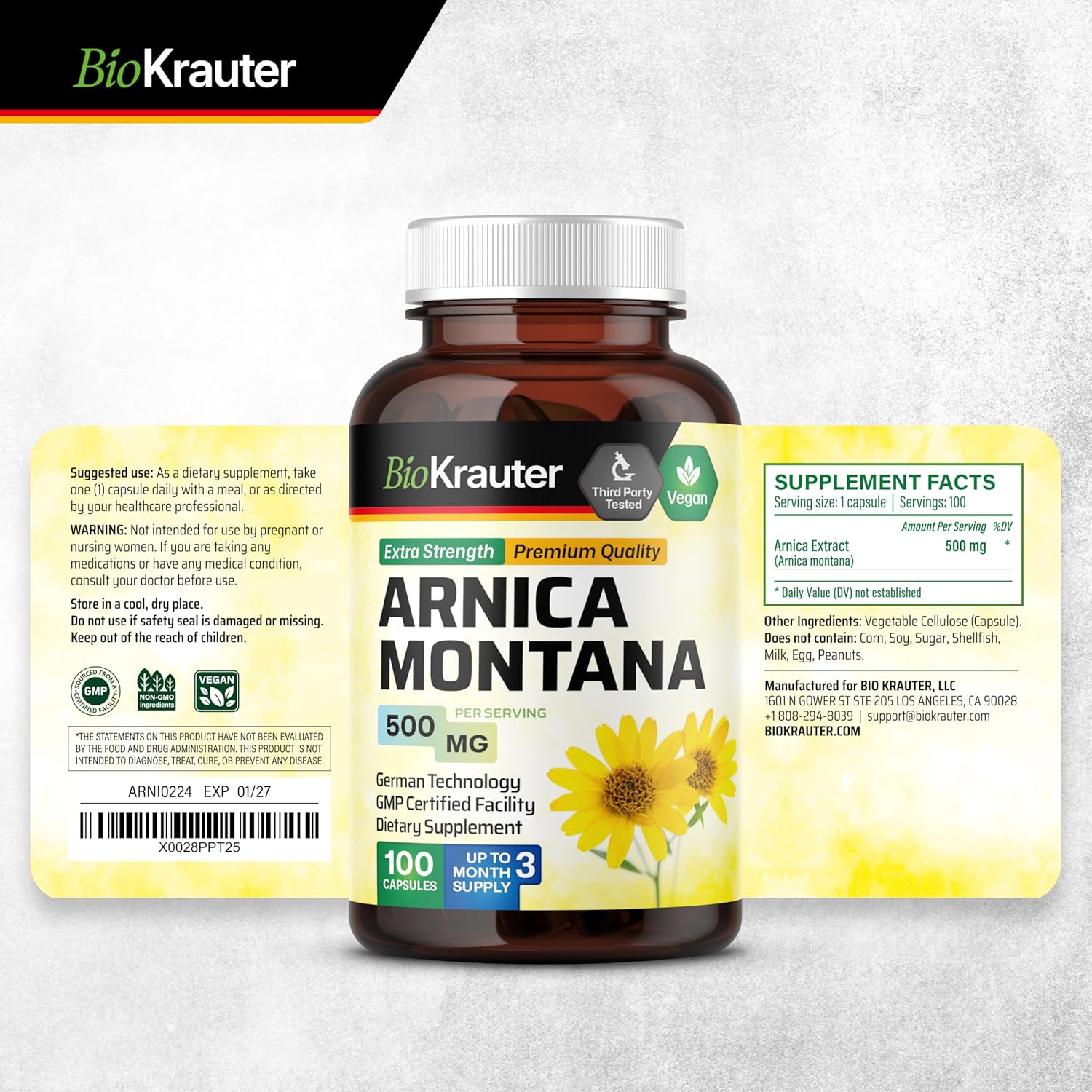 Arnica Montana Capsules - 500mg Vegan Capsules for Bruising and Swelling - 100 Count