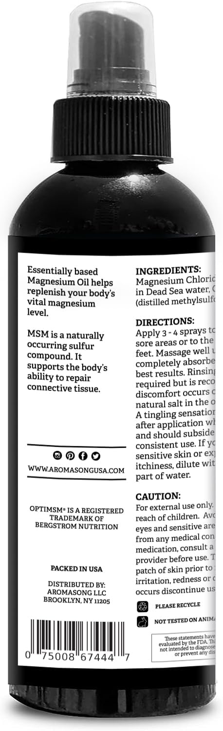 Aromasong Ultra-Pure Magnesium Spray with OptiMSM - 8 Oz, Extra Strength for Leg Discomfort and Calm Sleep (23mg Magnesium per Spray)