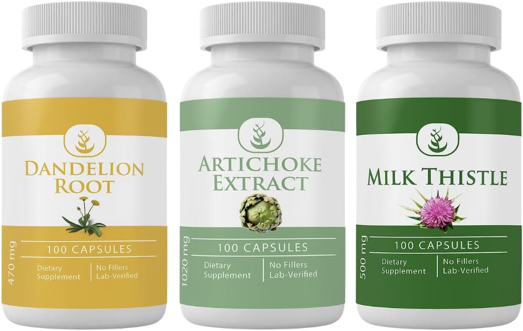 Artichoke Extract, Milk Thistle, & Dandelion Root Capsules - 100 Capsules Each, Pure Ingredients, Lab Verified
