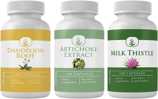 Artichoke Extract, Milk Thistle, & Dandelion Root Capsules - 100 Capsules Each, Pure Ingredients, Lab Verified
