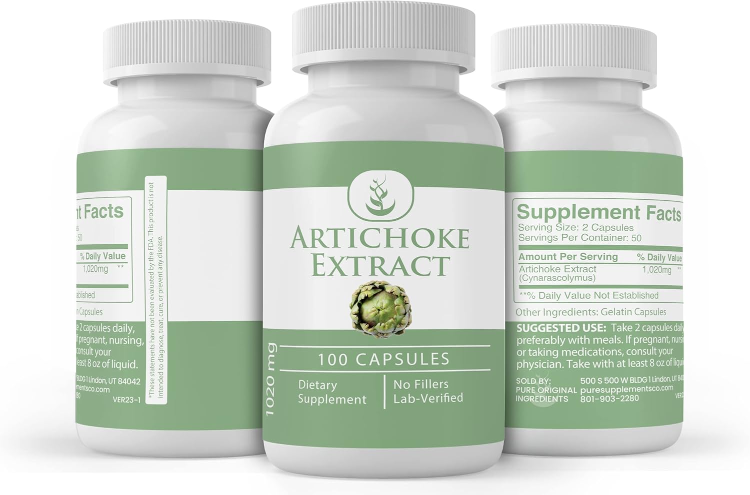 Artichoke Extract, Milk Thistle, & Dandelion Root Capsules - 100 Capsules Each, Pure Ingredients, Lab Verified