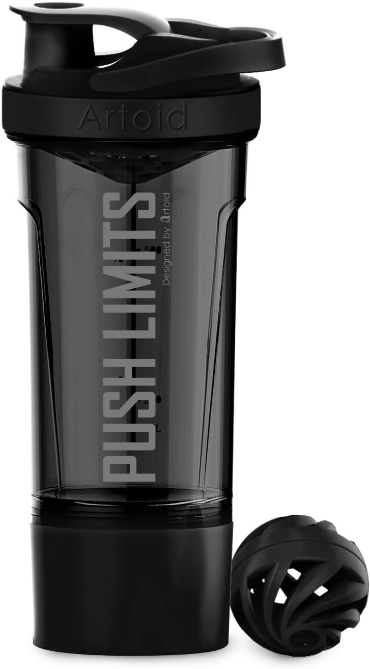 Artoid Mode 24oz Fitness Shaker Bottle with Dual Mixing Technology, Shaker Balls, Mixing Grids, and Twist Lock Protein Box