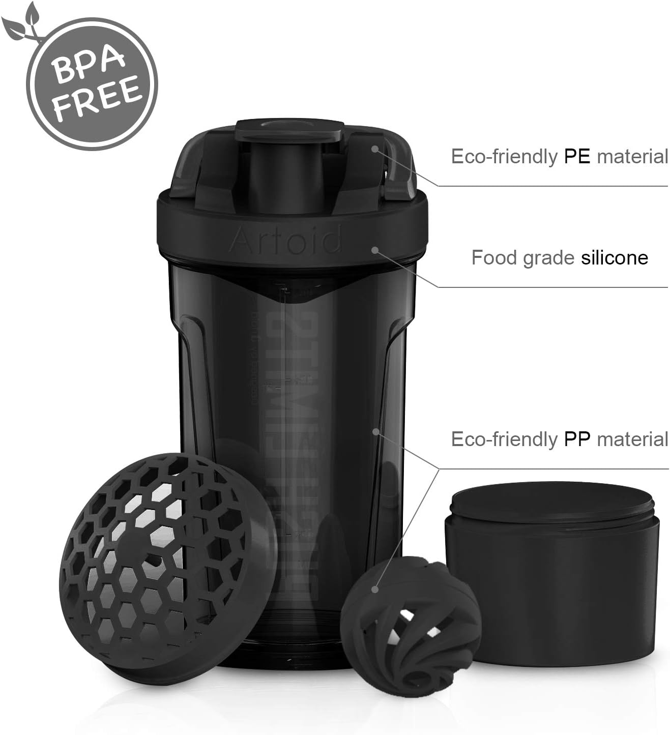 Artoid Mode 24oz Fitness Shaker Bottle with Dual Mixing Technology, Shaker Balls, Mixing Grids, and Twist Lock Protein Box