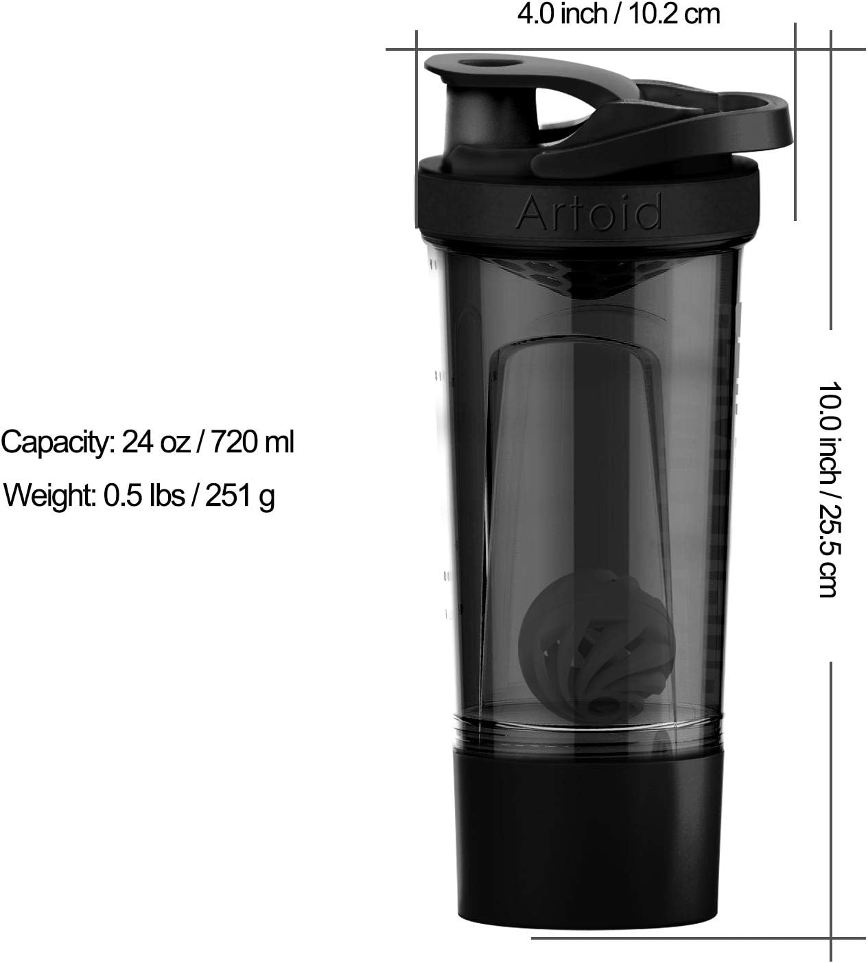 Artoid Mode 24oz Fitness Shaker Bottle with Dual Mixing Technology, Shaker Balls, Mixing Grids, and Twist Lock Protein Box