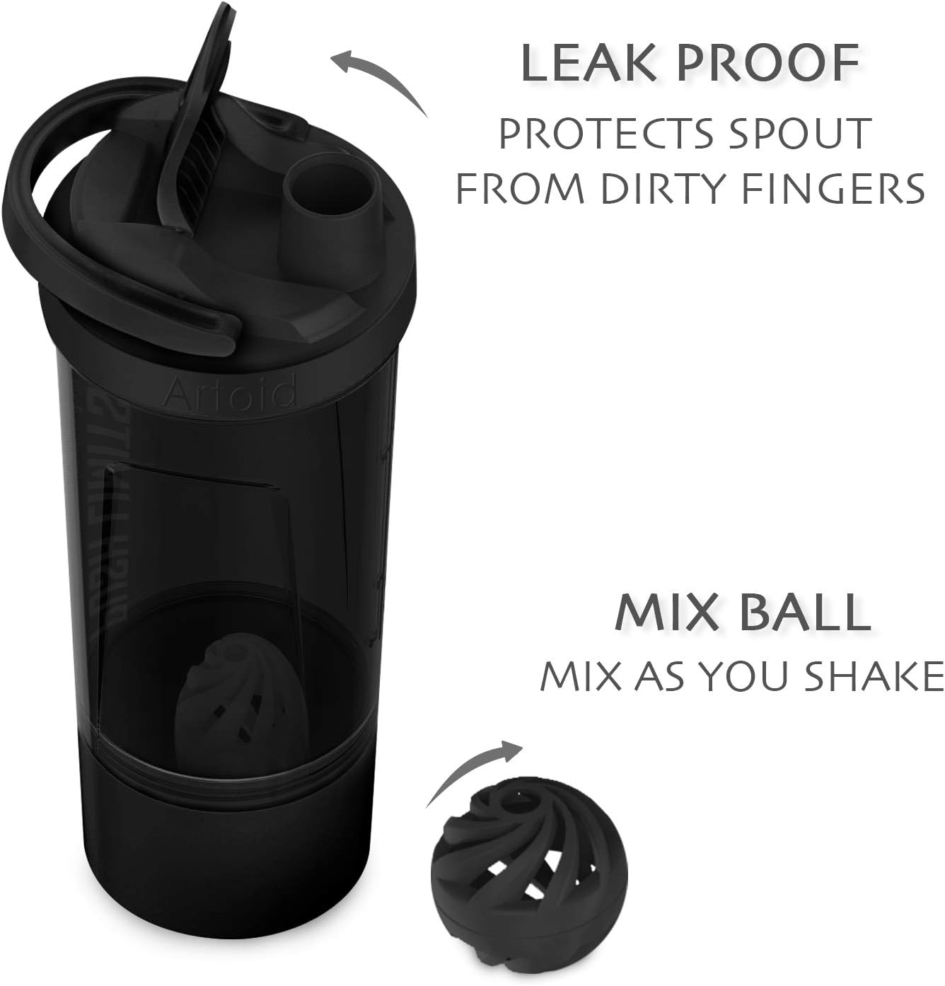 Artoid Mode 24oz Fitness Shaker Bottle with Dual Mixing Technology, Shaker Balls, Mixing Grids, and Twist Lock Protein Box