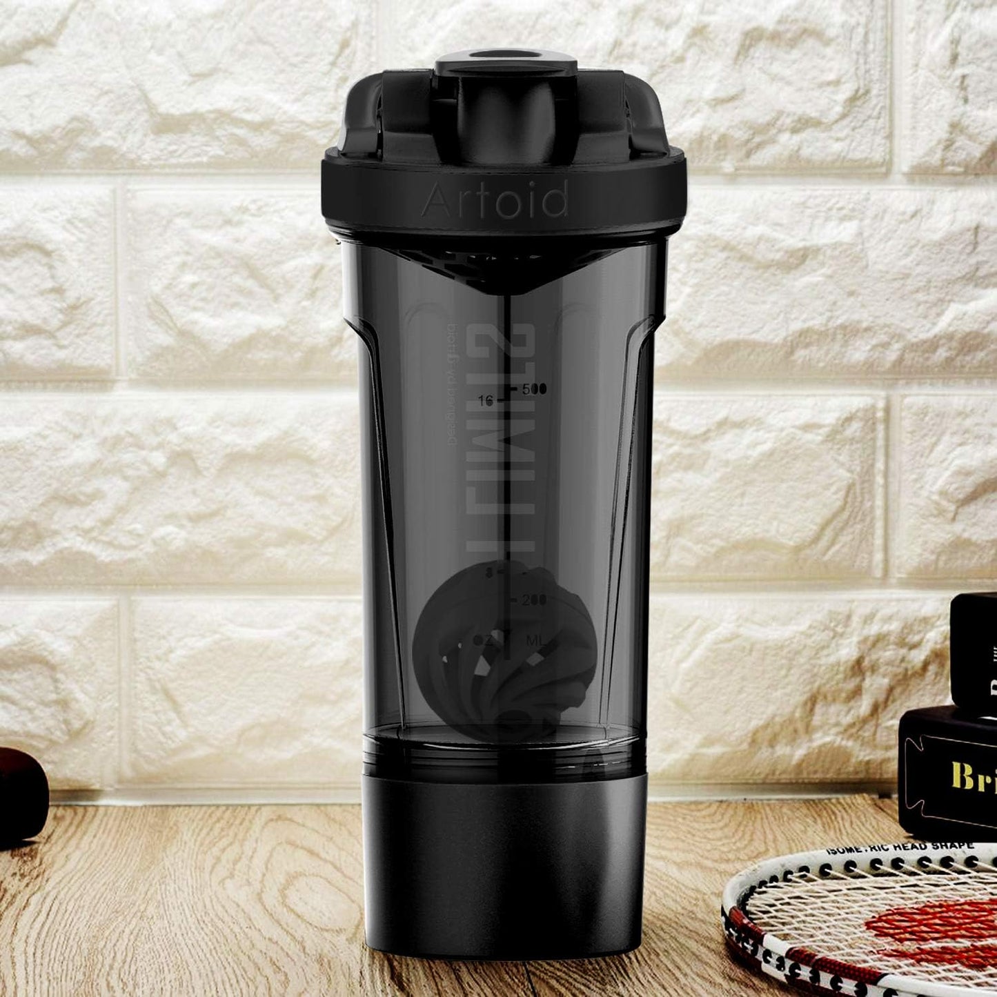 Artoid Mode 24oz Fitness Shaker Bottle with Dual Mixing Technology, Shaker Balls, Mixing Grids, and Twist Lock Protein Box