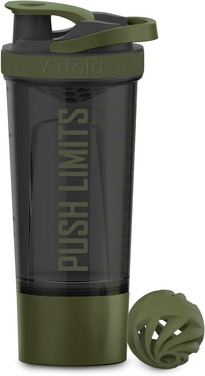 Artoid Sports Protein Shaker Bottle 24oz with Dual Mixing Technology, BPA-Free - Black/Moss Green