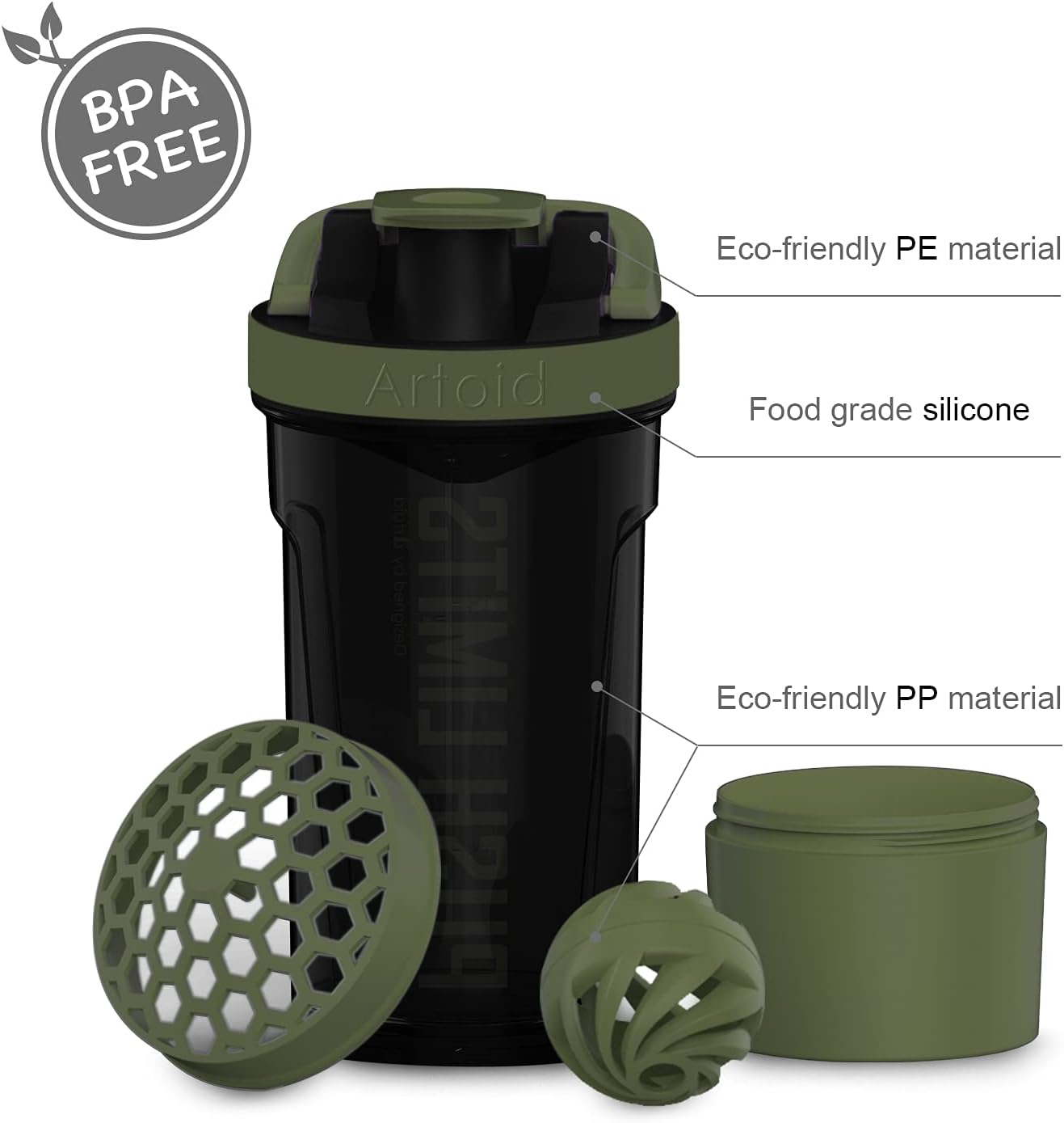 Artoid Sports Protein Shaker Bottle 24oz with Dual Mixing Technology, BPA-Free - Black/Moss Green